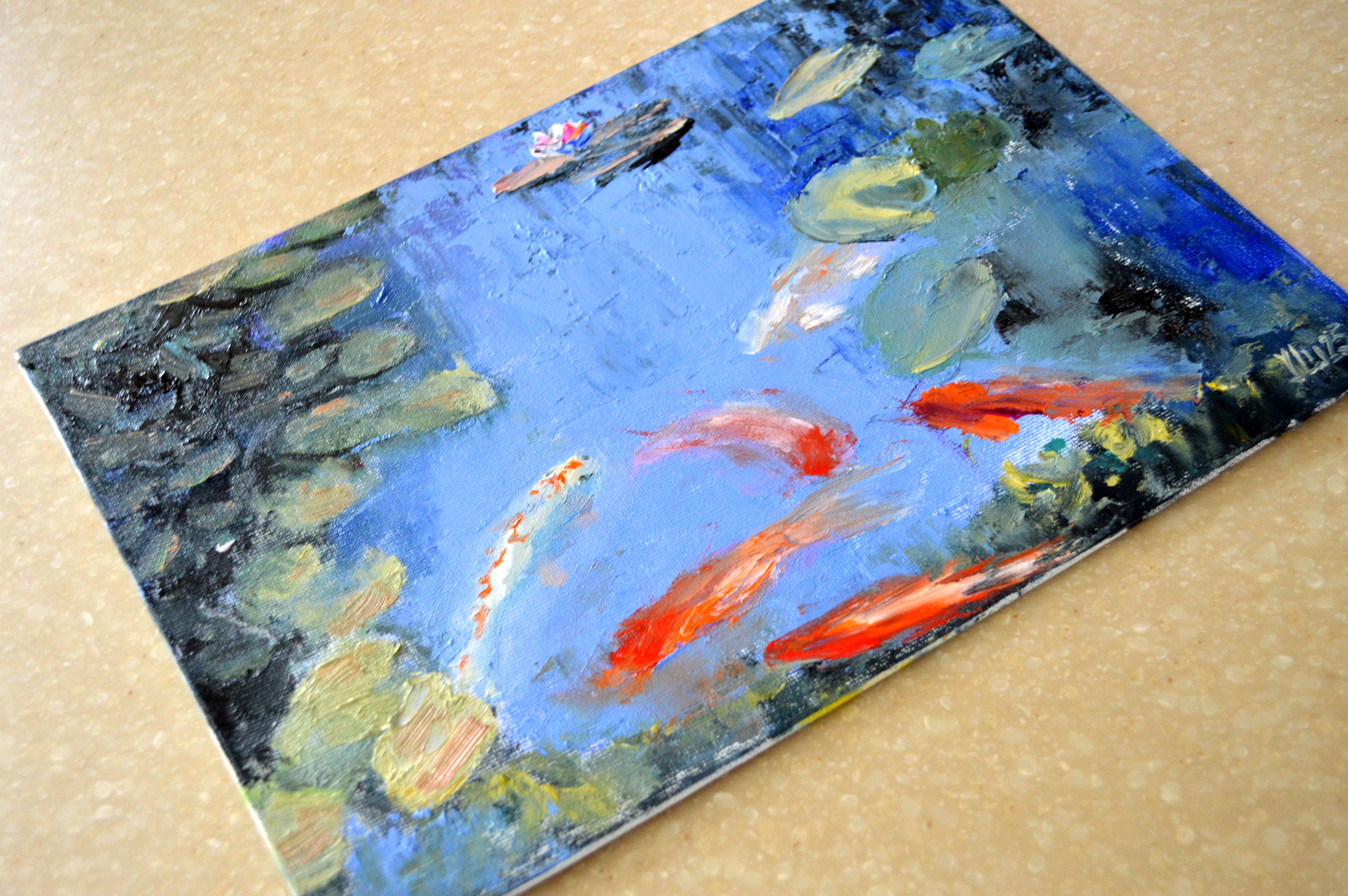 Teich mit Fischen. Skizze – Painting von Elena Lukina