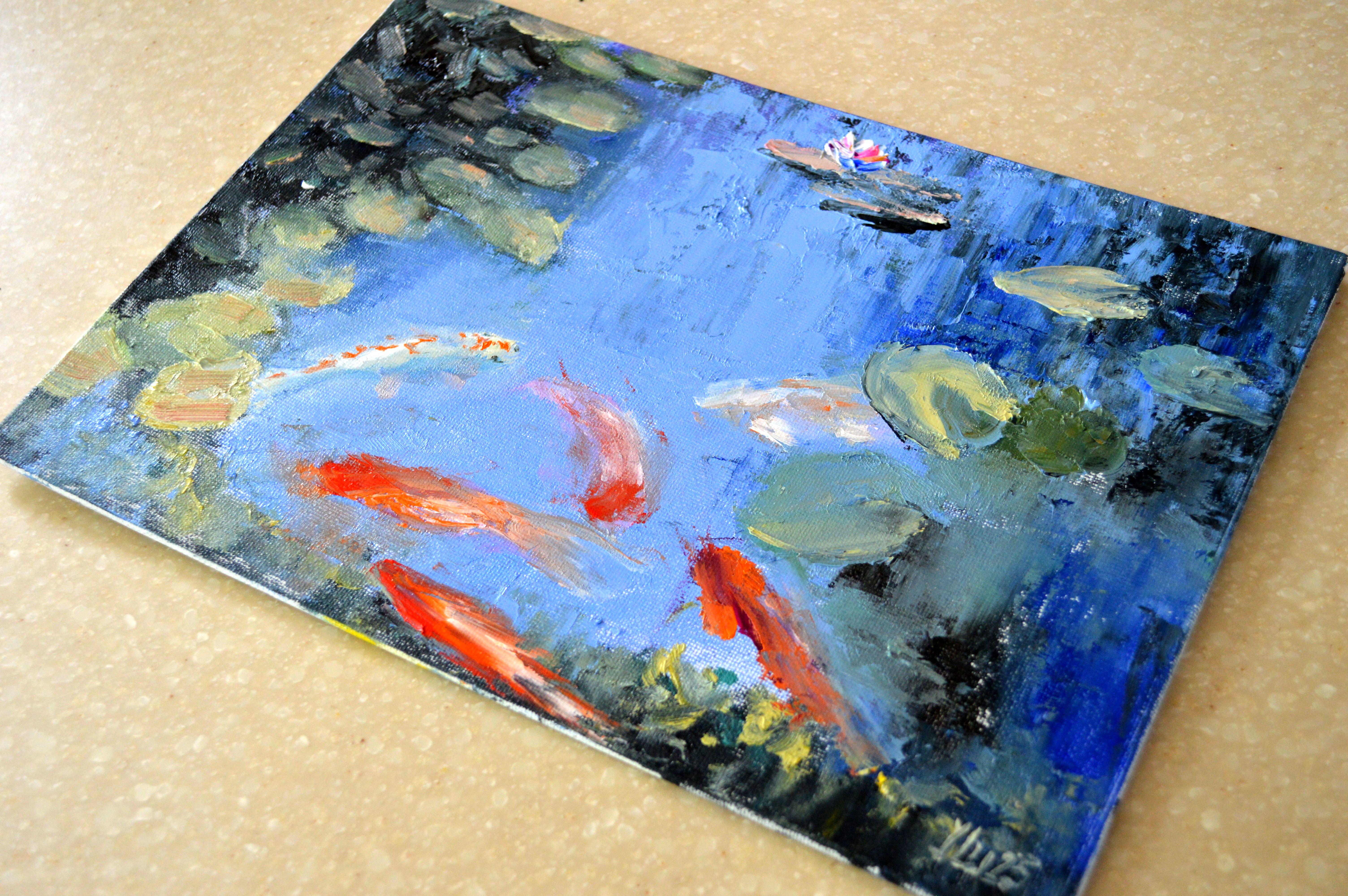 Teich mit Fischen. Skizze (Expressionismus), Painting, von Elena Lukina