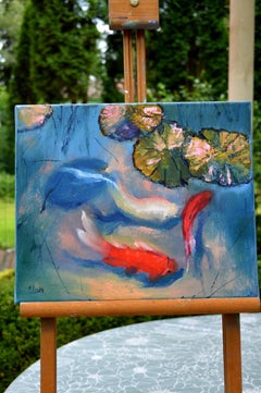 "Pond with Fish: Turquoise Silence" (2024) – Original Oil on Italian Canvas