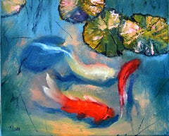 "Pond with Fish: Turquoise Silence" (2024) – Original Oil on Italian Canvas