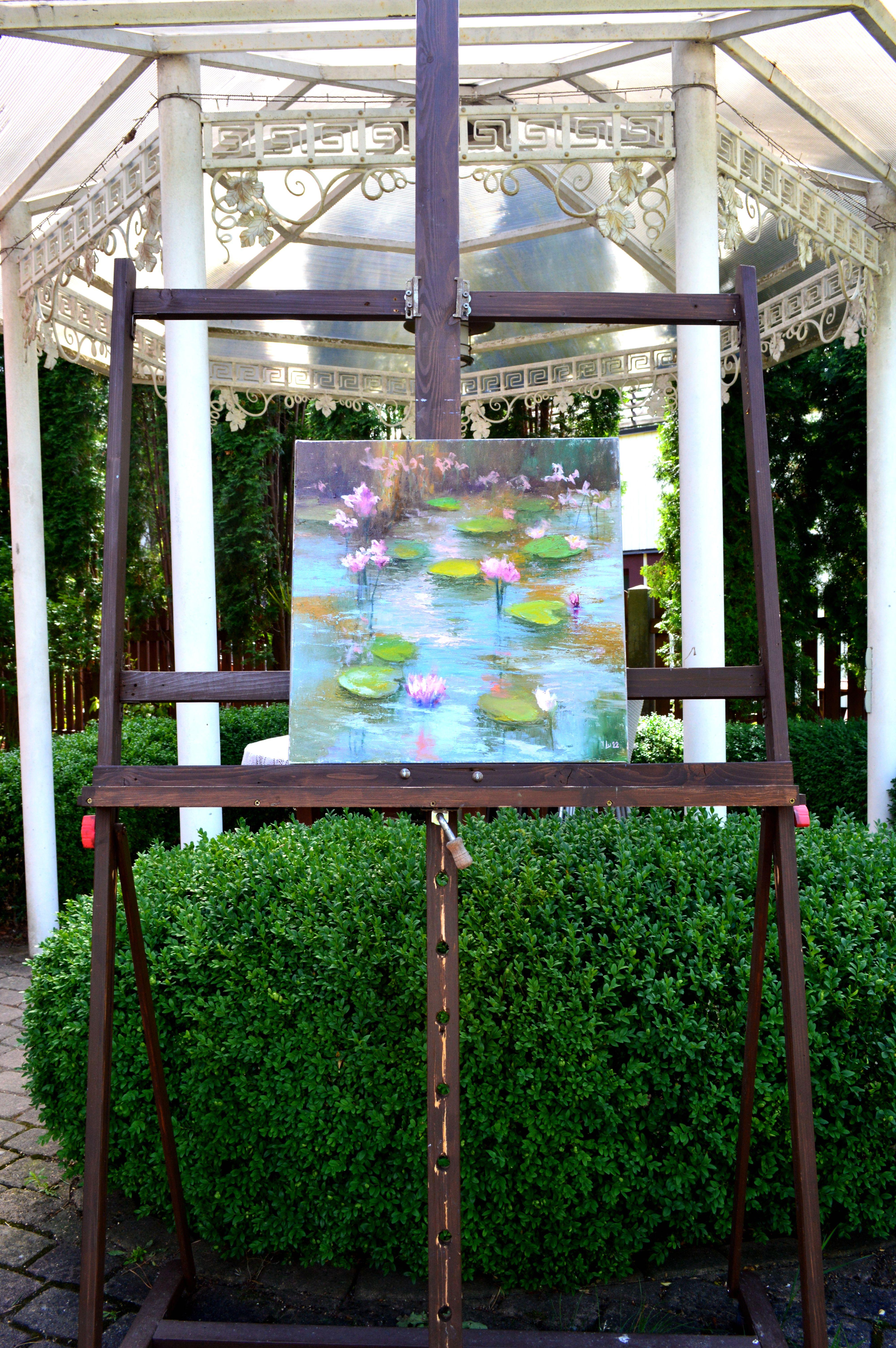 Pond with pink lilies - Painting by Elena Lukina