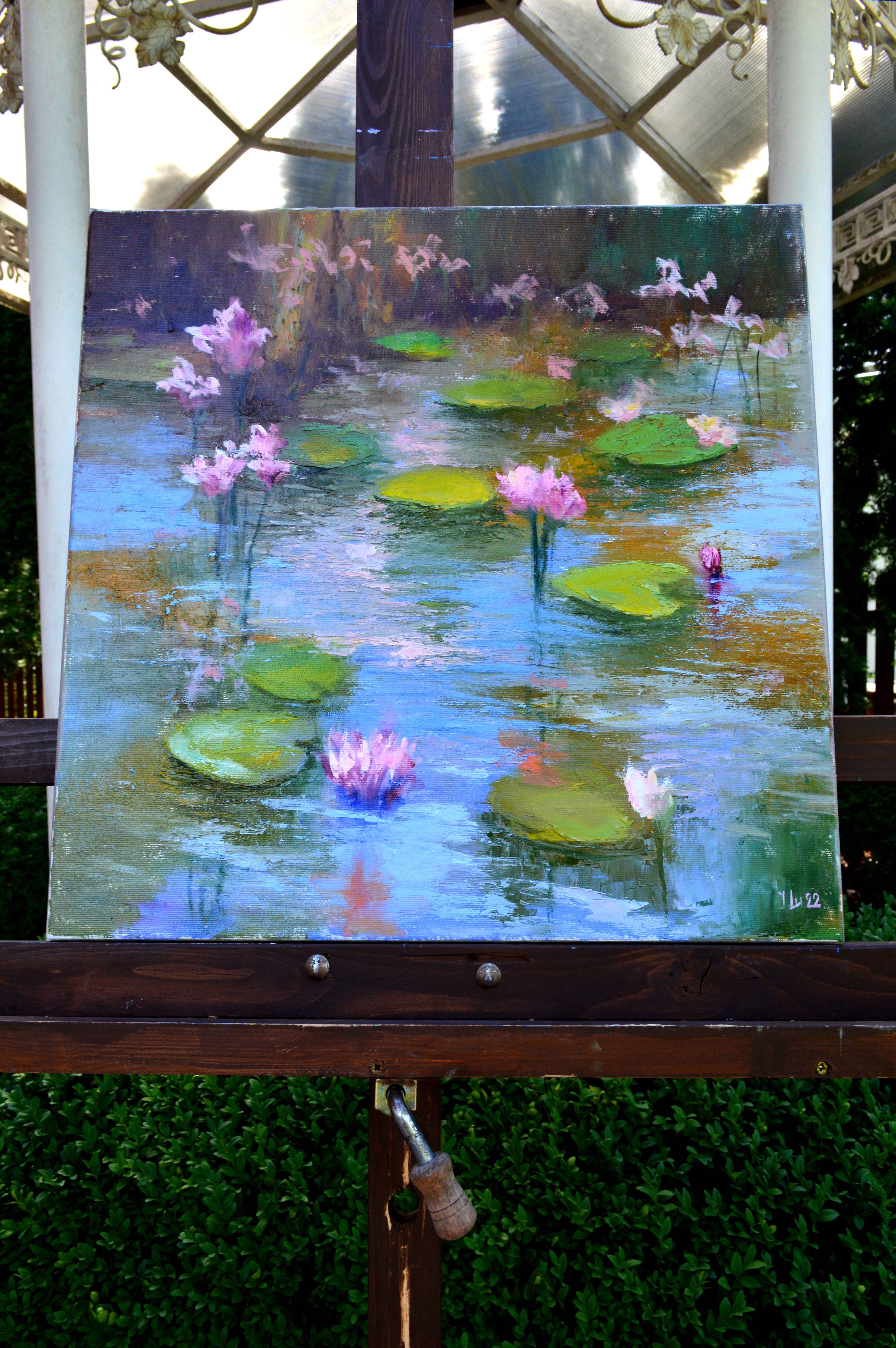 Pond with pink lilies - Expressionist Painting by Elena Lukina