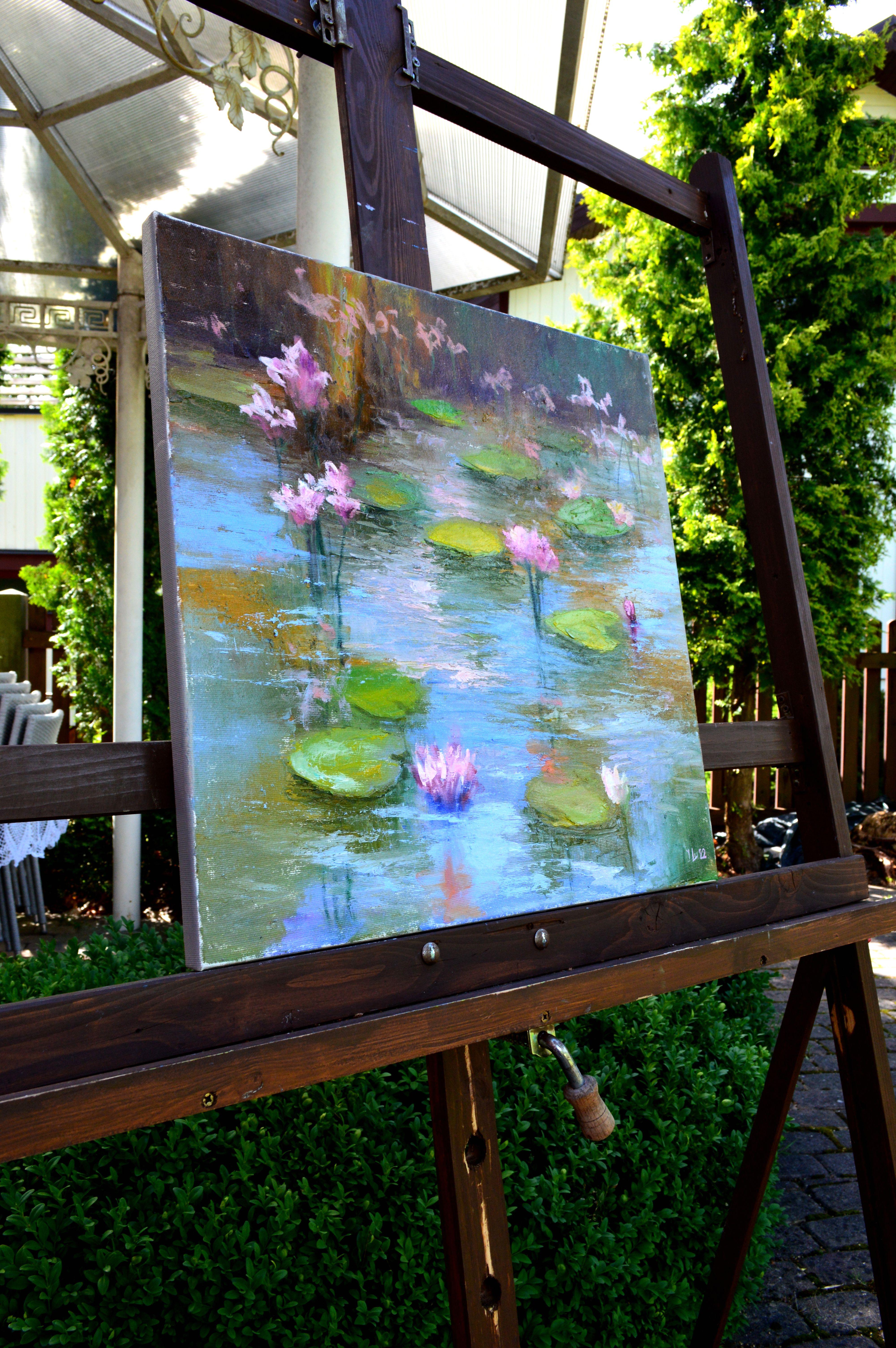 Pond with pink lilies - Gray Landscape Painting by Elena Lukina