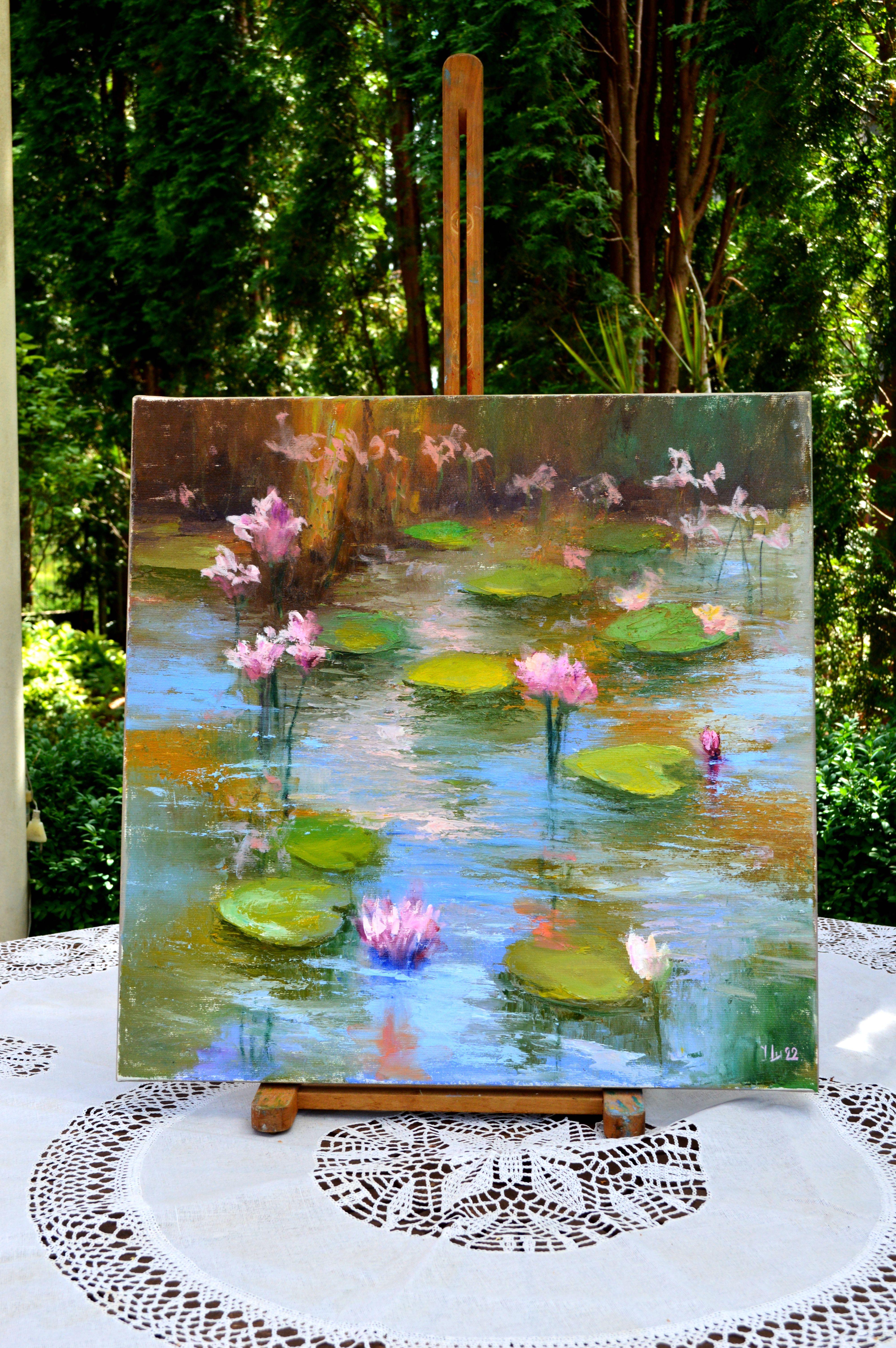 Pond with pink lilies For Sale 1