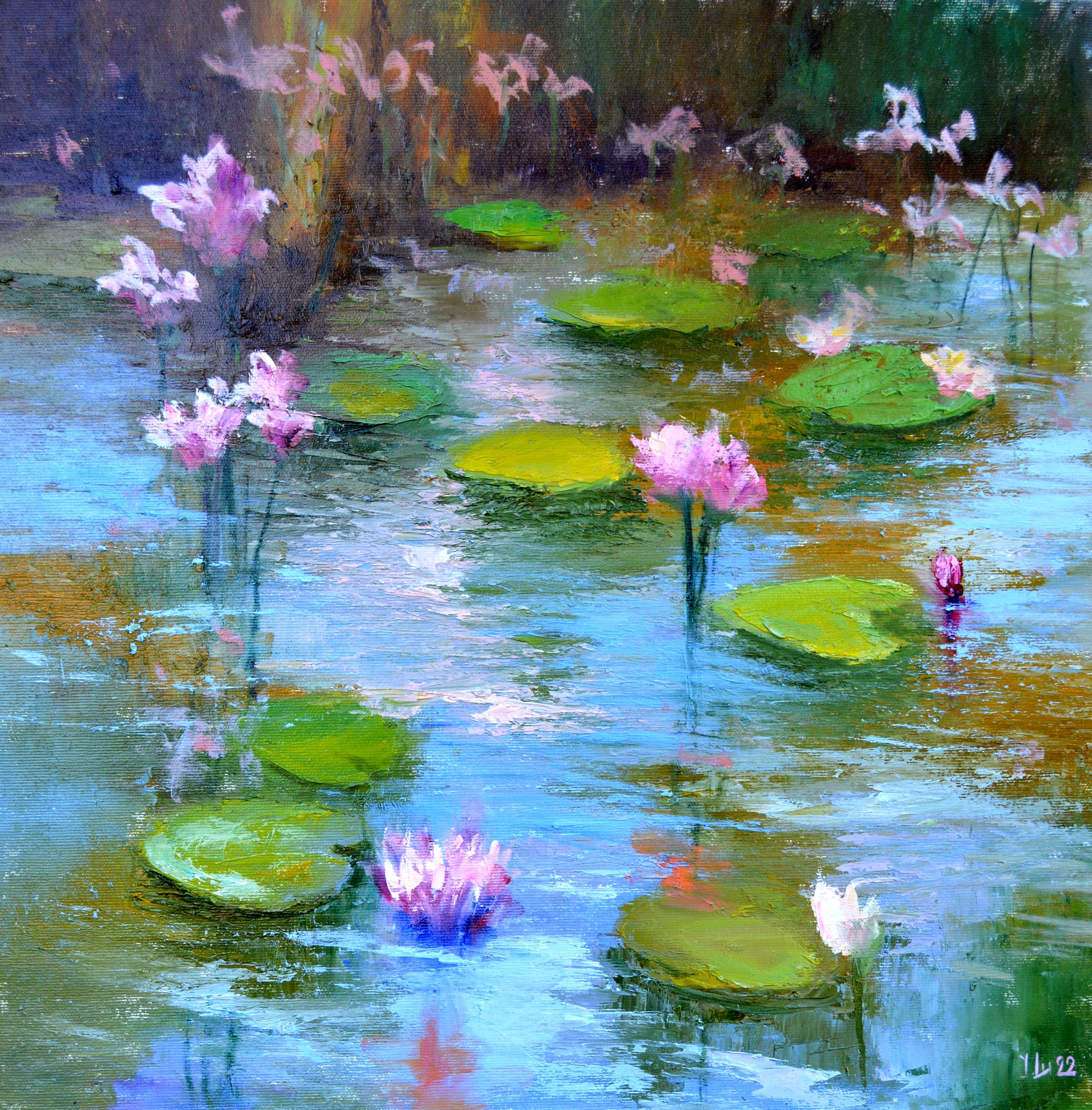 Elena Lukina Landscape Painting - Pond with pink lilies