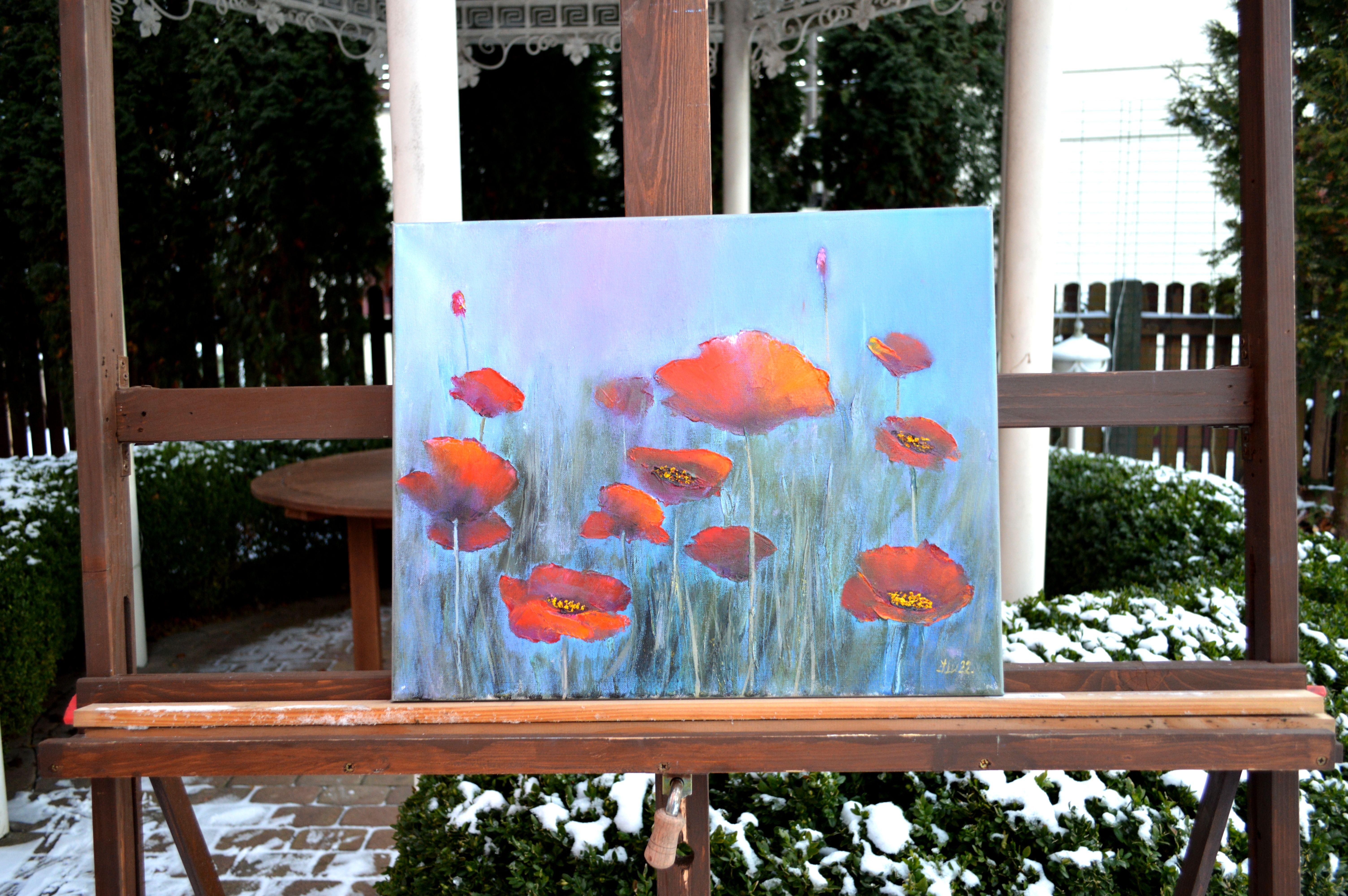 Poppies in the fog 40X50 oil, Valentine’s Day gifts art - Expressionist Painting by Elena Lukina