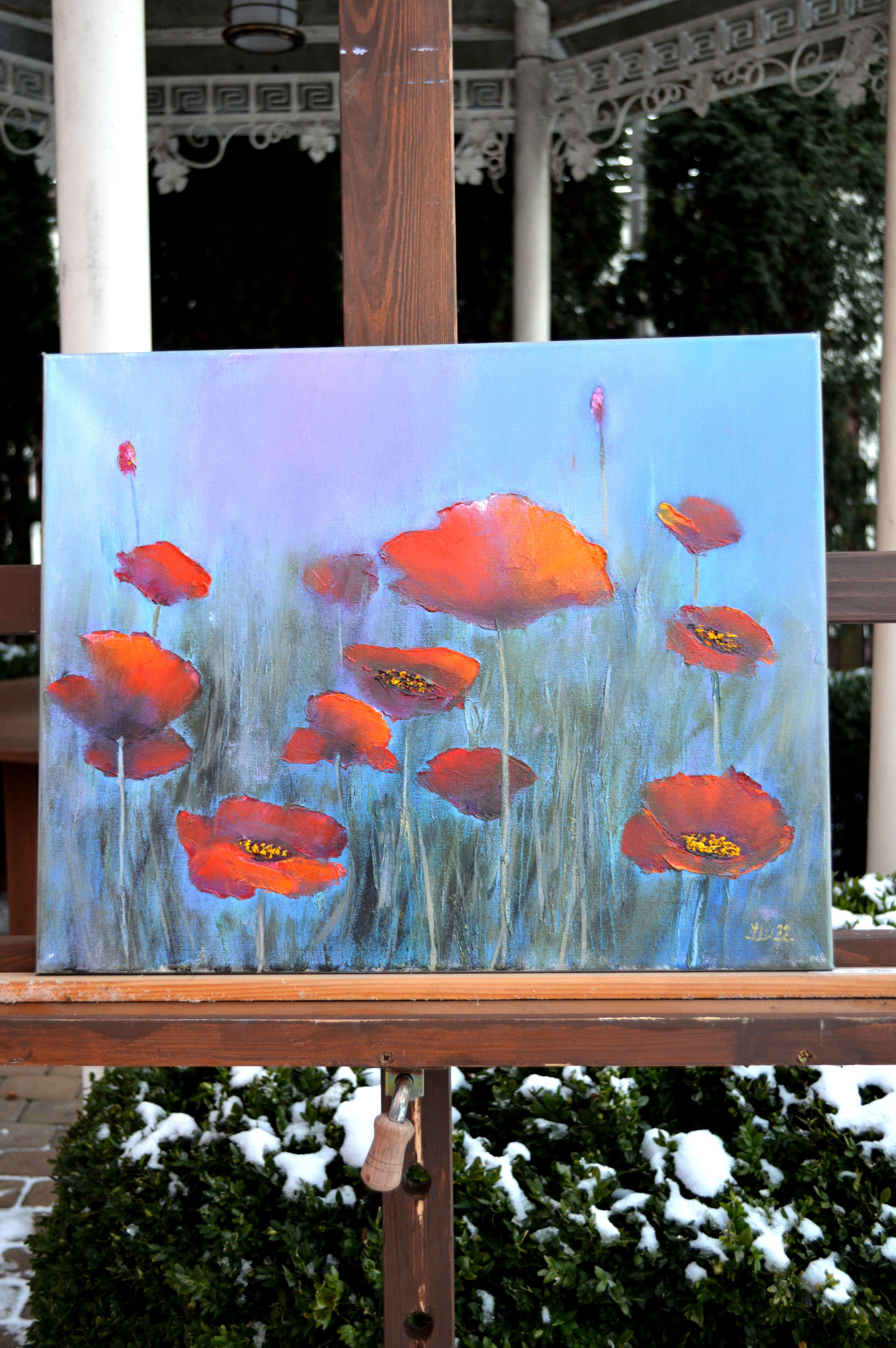 In this creation, I've woven vibrant reds and soothing blues to evoke feelings of mystery and serenity amidst nature's embrace. Each brushstroke celebrates life's ephemeral moments, inviting viewers to lose themselves in the gentle sway of poppies