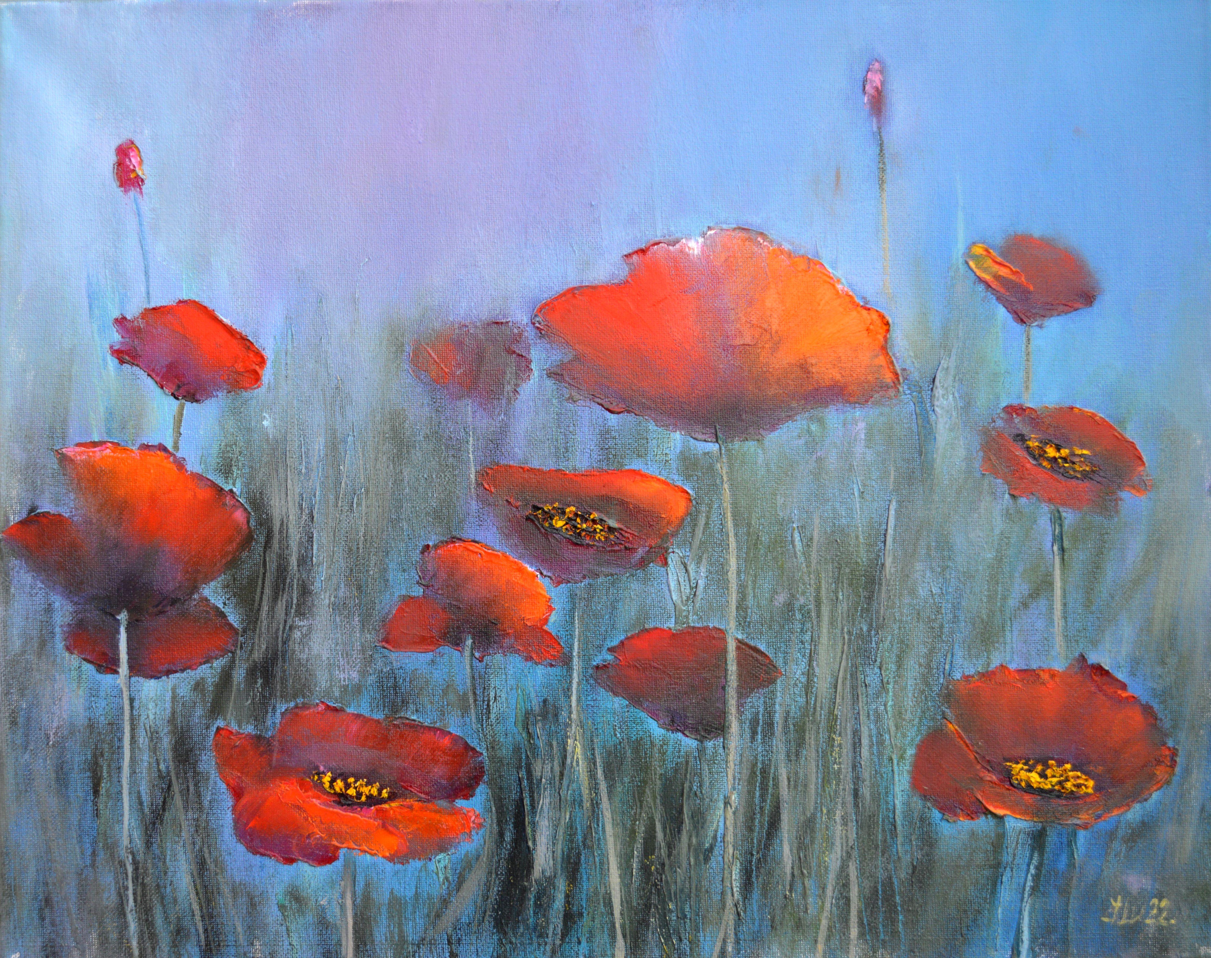 Elena Lukina Interior Painting - Poppies in the fog 40X50 oil, Valentine’s Day gifts art