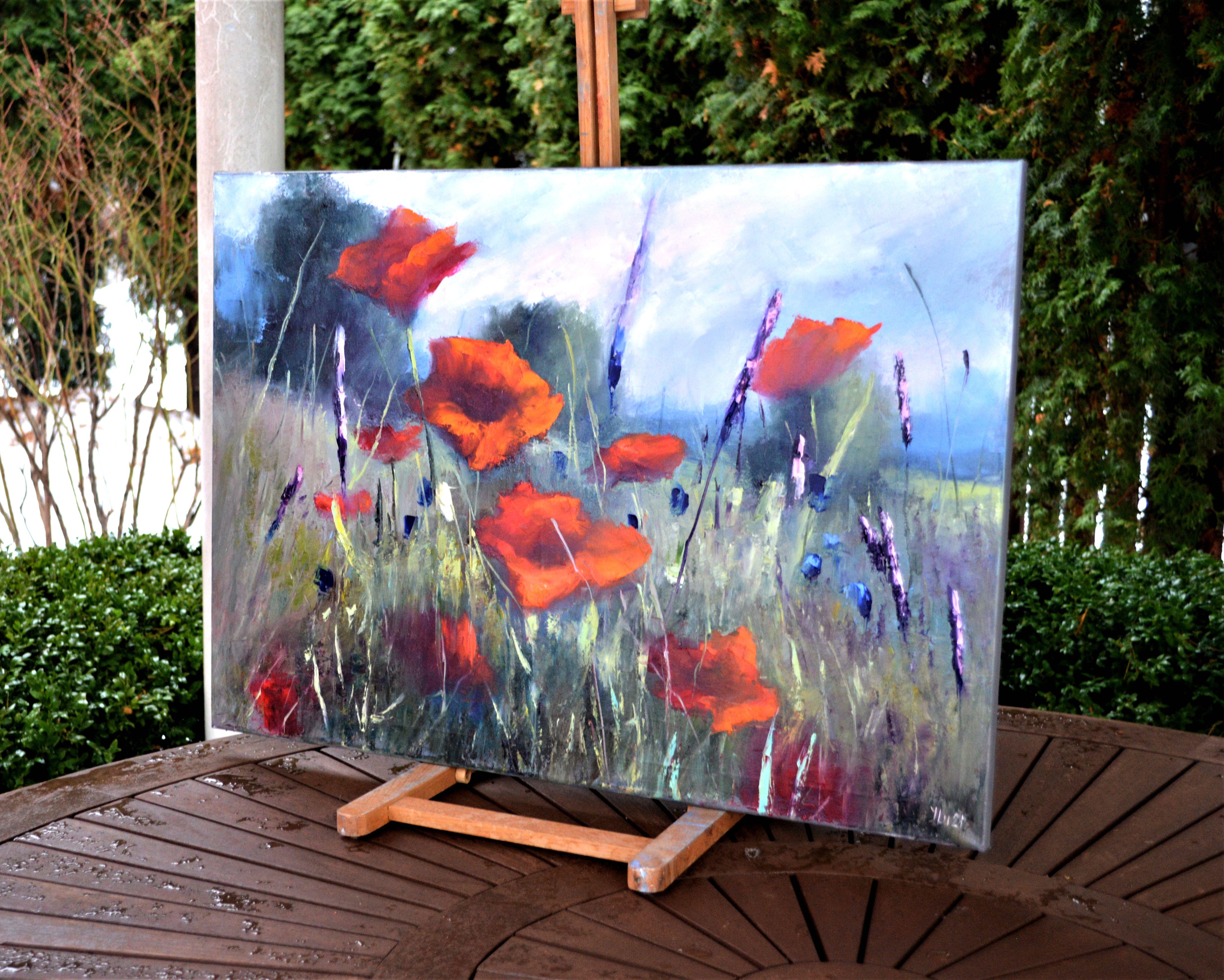 In diesem Ölgemälde habe ich den wilden Geist einer Wiese eingefangen, die voller leuchtender Mohnblumen ist. Meine Pinselstriche tanzen zwischen Expressionismus und Impressionismus, während die Techniken der bildenden Kunst das Werk im Realismus