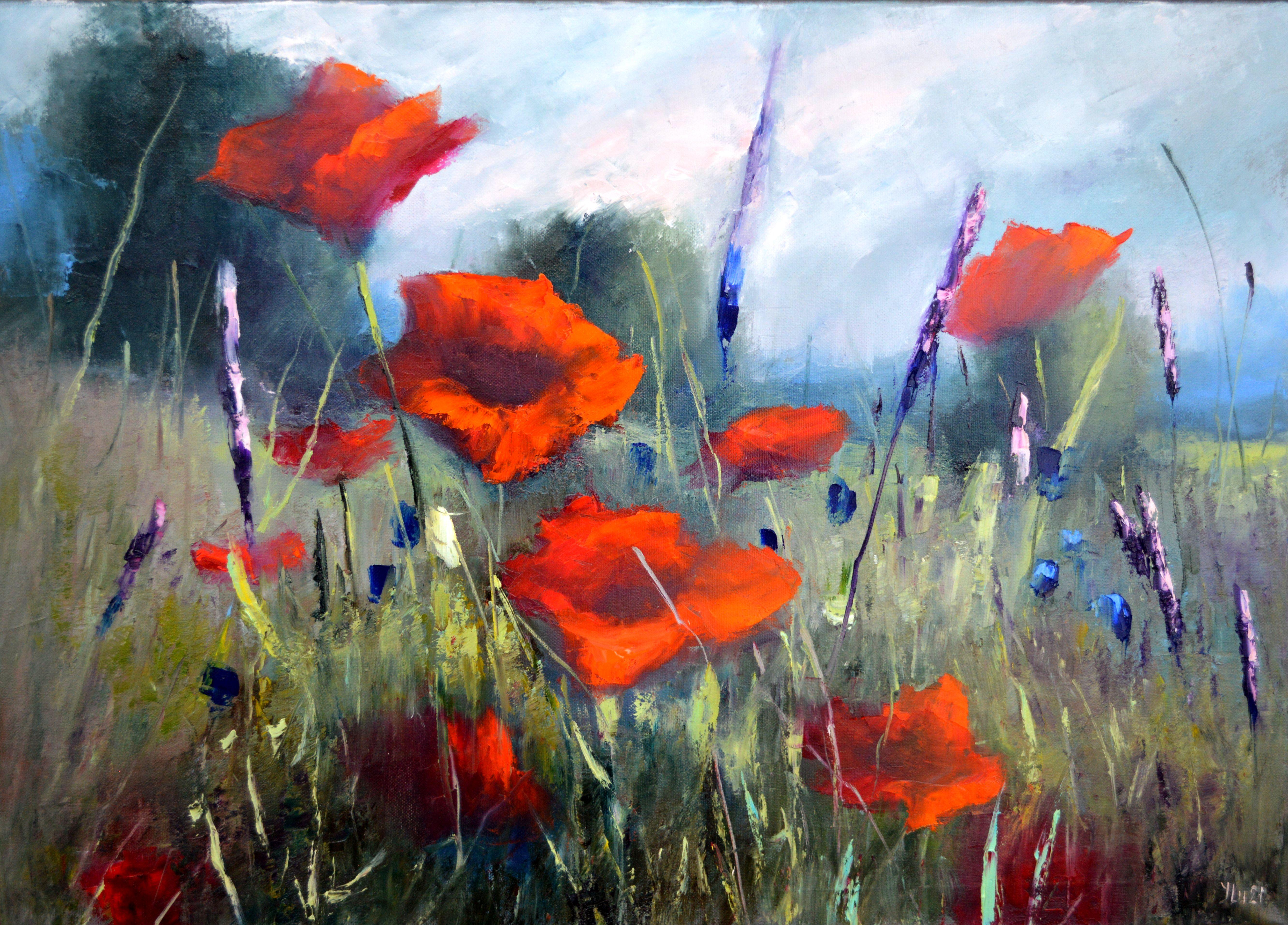 Elena Lukina Landscape Painting - Poppy meadow 50X70