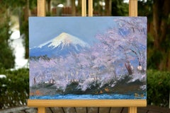 Crépuscule violet sur Fuji, peinture à l'huile impressionniste miniature, 21x30 cm