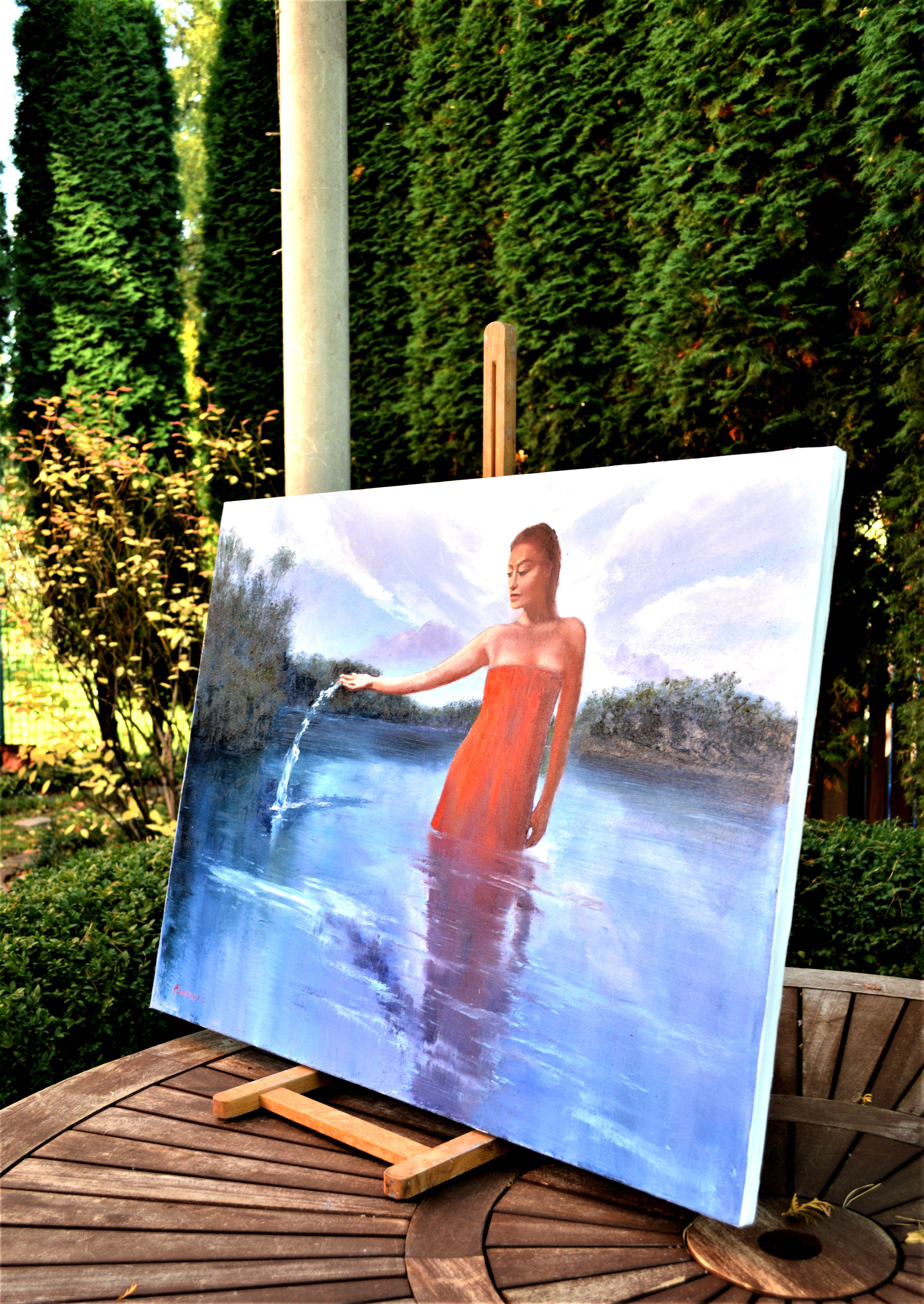 Rotes Kleid 60X80 Öl (Blau), Figurative Painting, von Elena Lukina