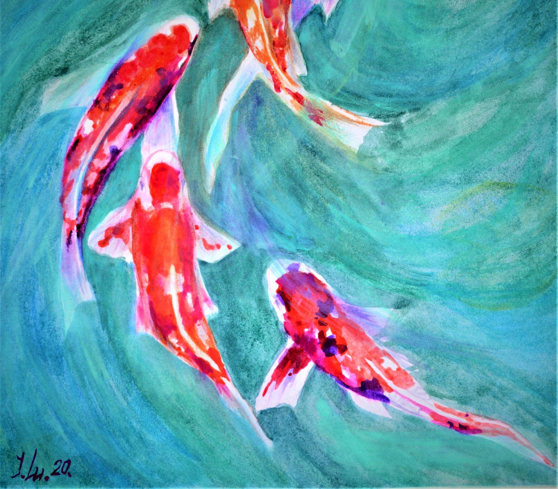 Fish koï rouge - Expressionniste Painting par Elena Lukina
