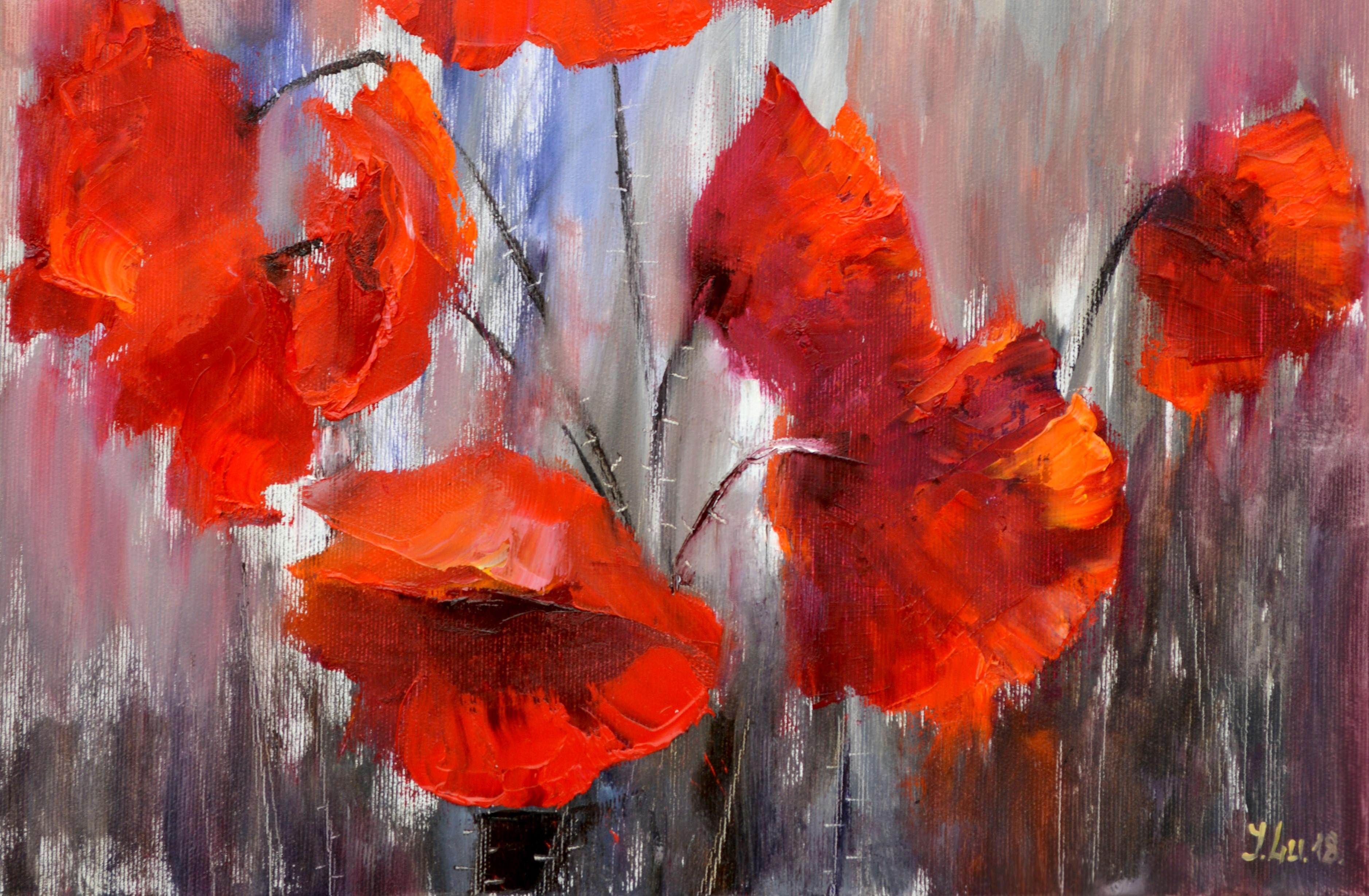  Rote Mohnblumen 40Х40  Ölgemälde – Painting von Elena Lukina