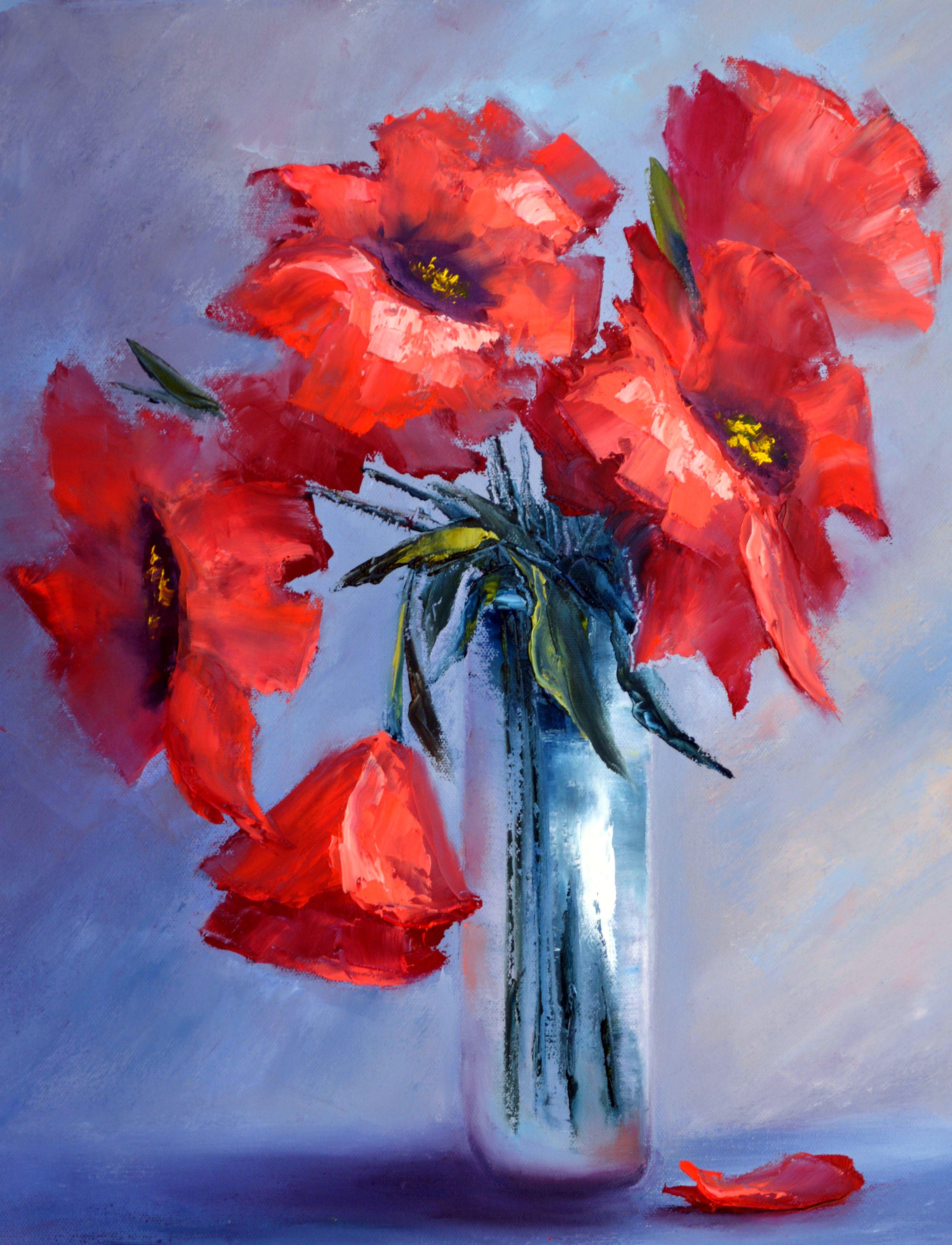Red poppies on blue 50X40 oil, Valentine’s Day gifts art - Painting by Elena Lukina