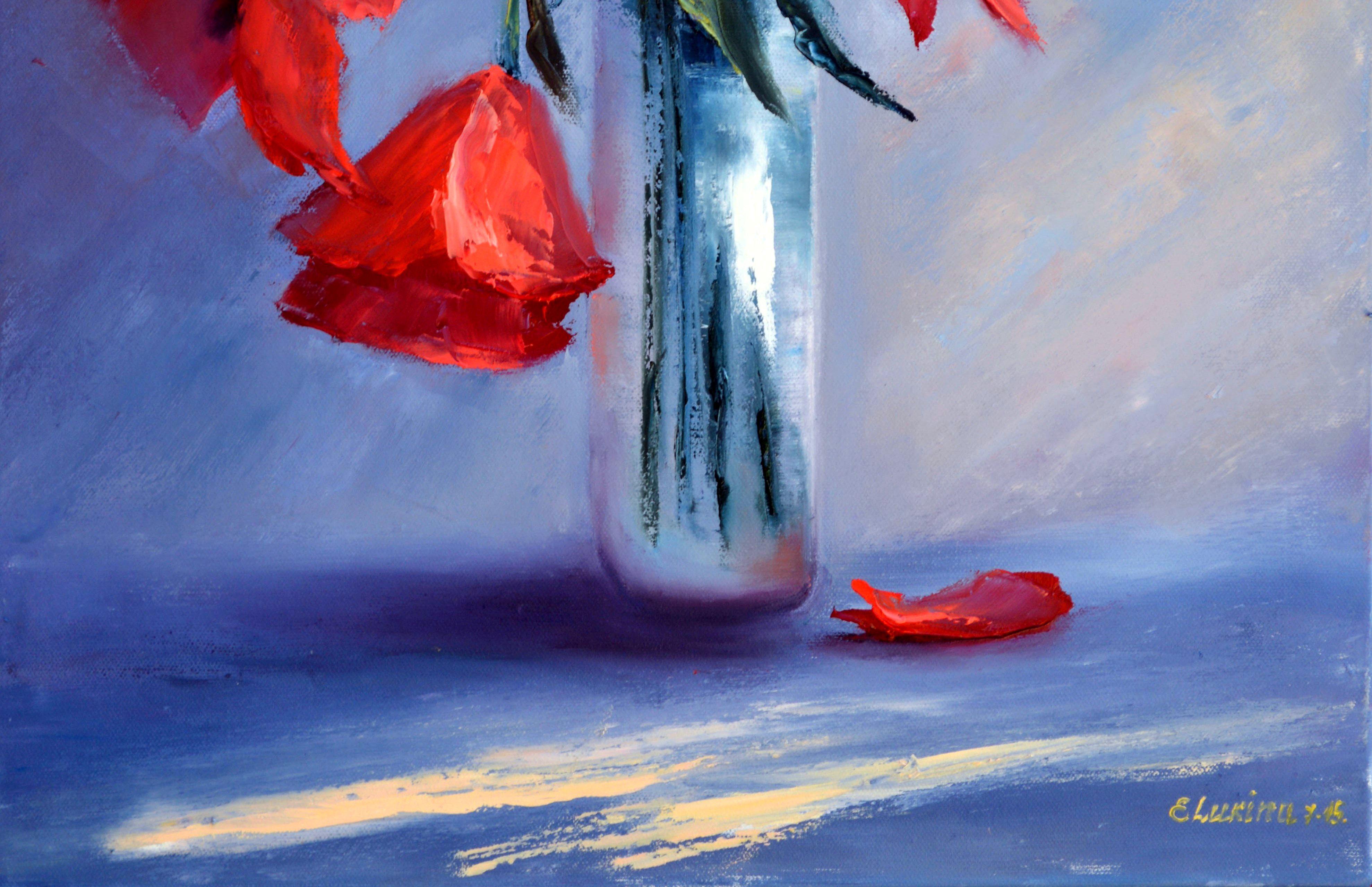 Coquelicots rouges sur bleu 50X40 huile, cadeaux de Saint-Valentin art - Expressionniste Painting par Elena Lukina