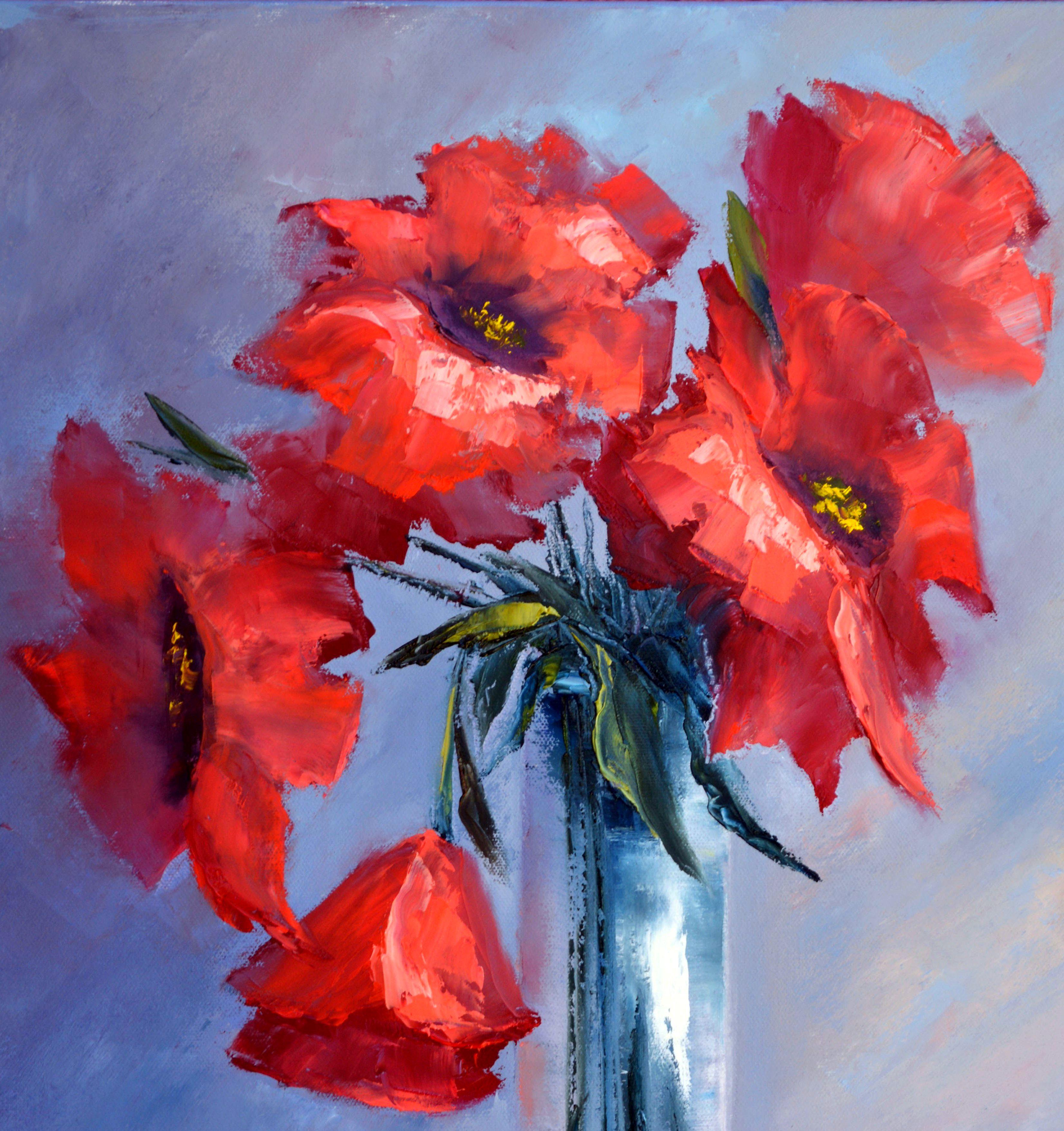In this oil canvas, I've captured the vibrant spirit of nature. My brushstrokes dance between expressionism and impressionism, while touches of realism root the piece in a tangible warmth. The lively reds against the serene blue create a visual