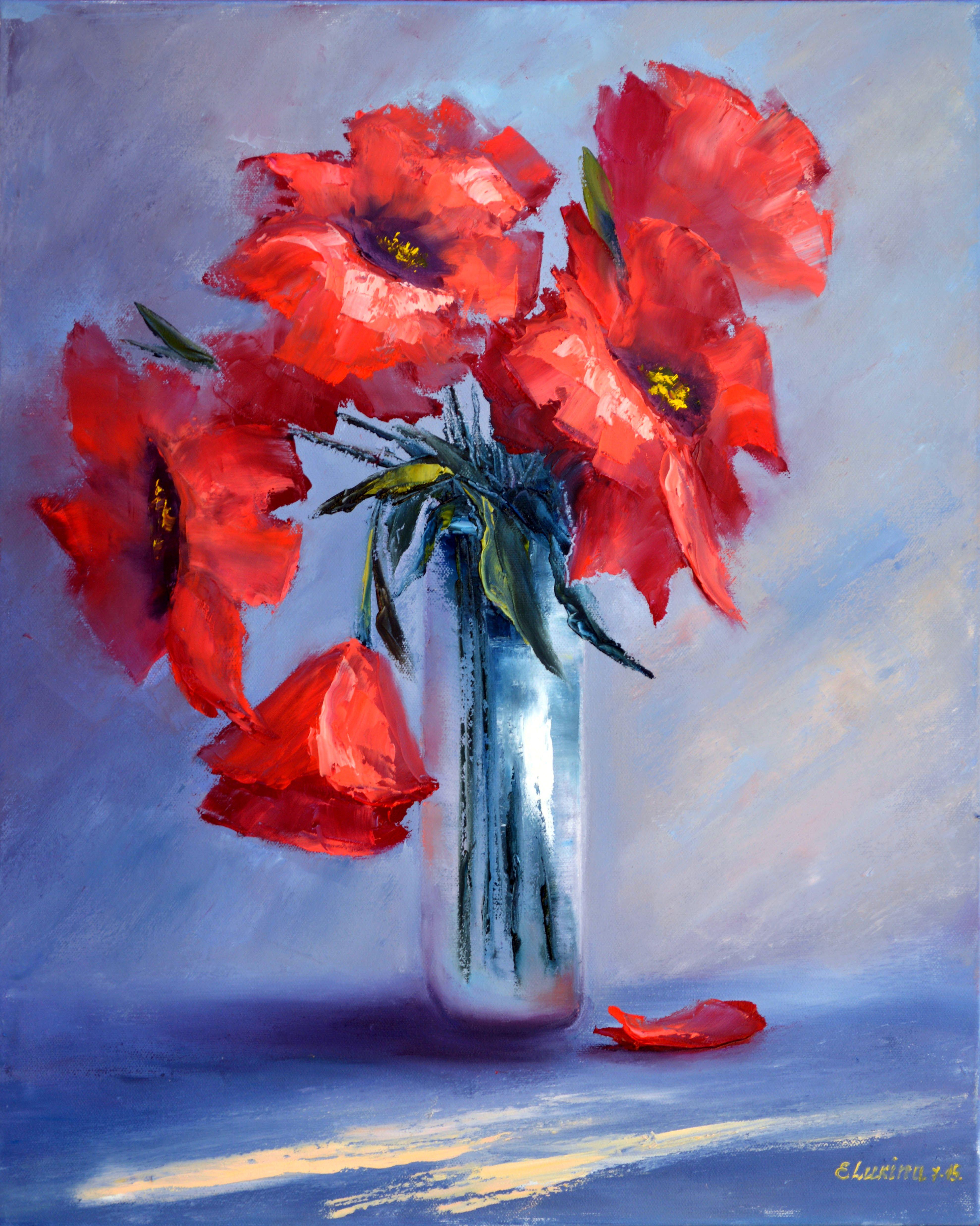 Rote Mohnblumen auf blau 50X40 Öl, Valentinstag Geschenke Kunst