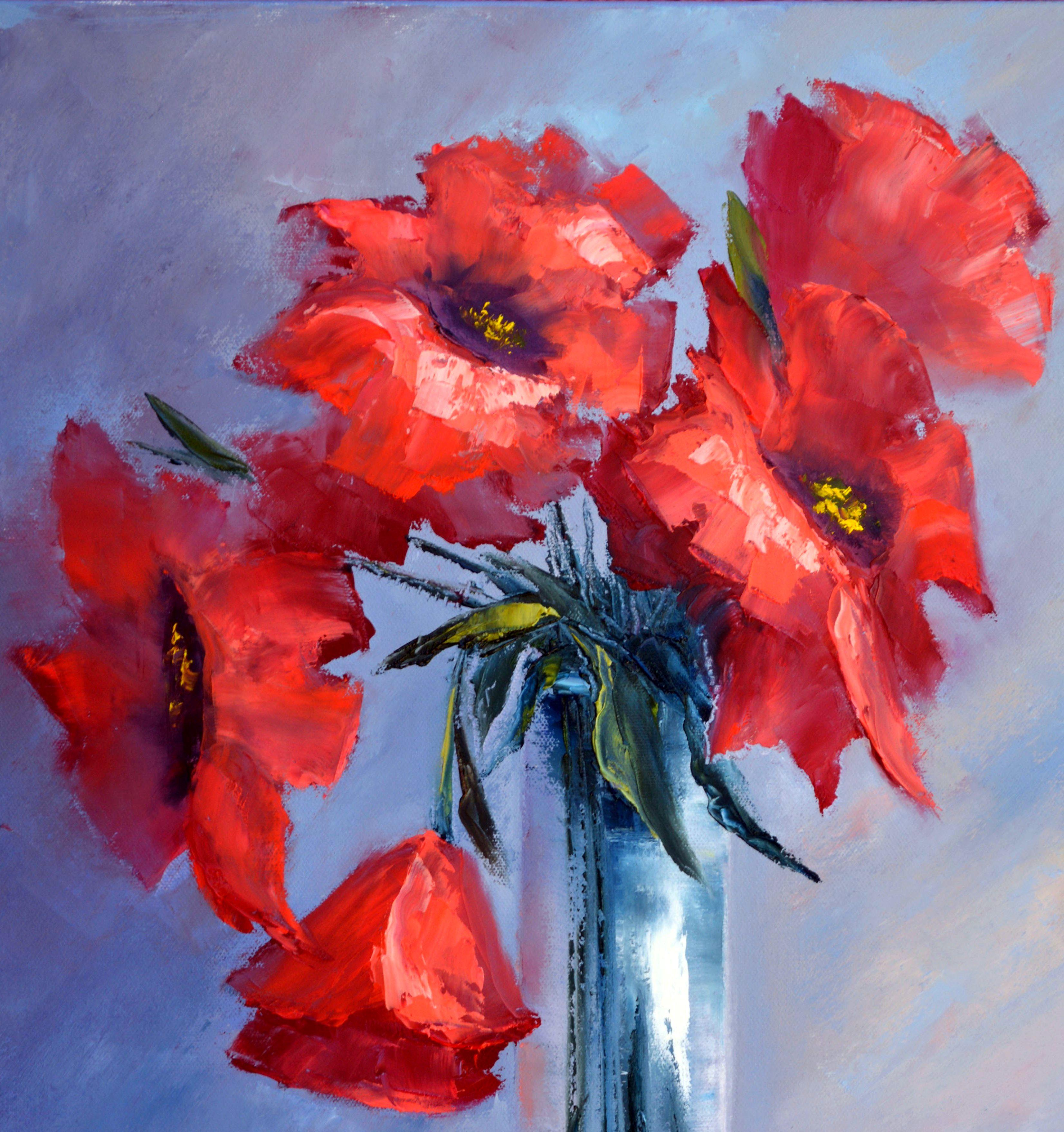 Red poppies on blue - Gray Interior Painting by Elena Lukina