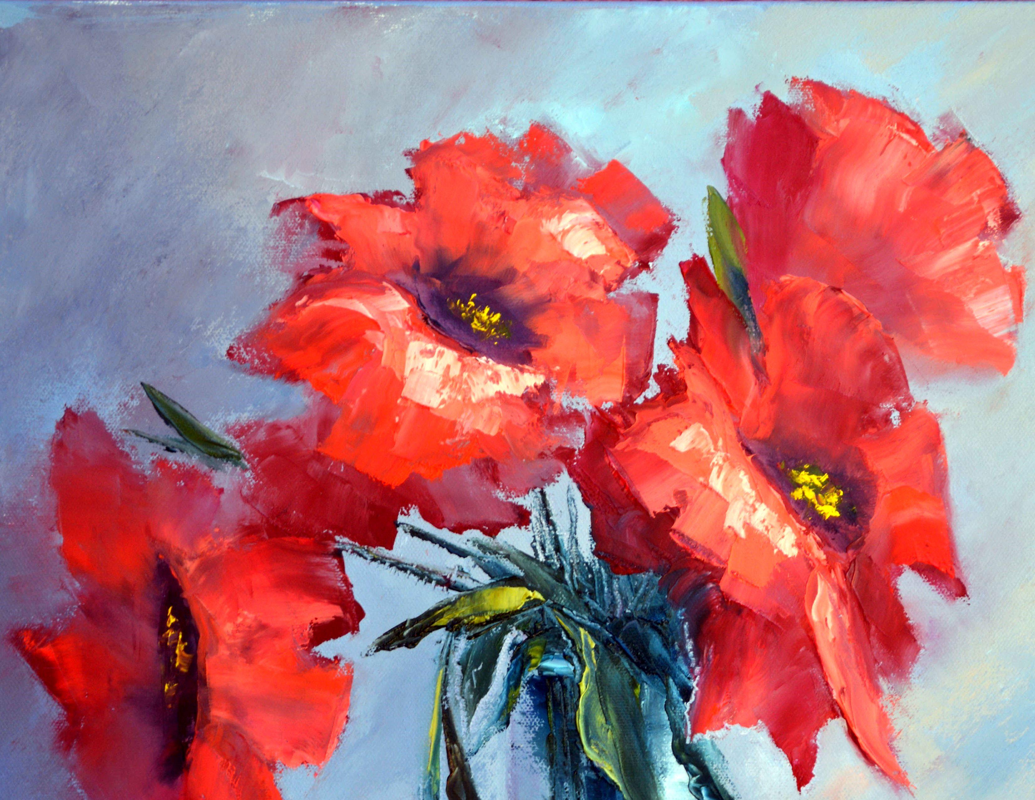 In this oil canvas, I've captured the vibrant spirit of nature. My brushstrokes dance between expressionism and impressionism, while touches of realism root the piece in a tangible warmth. The lively reds against the serene blue create a visual