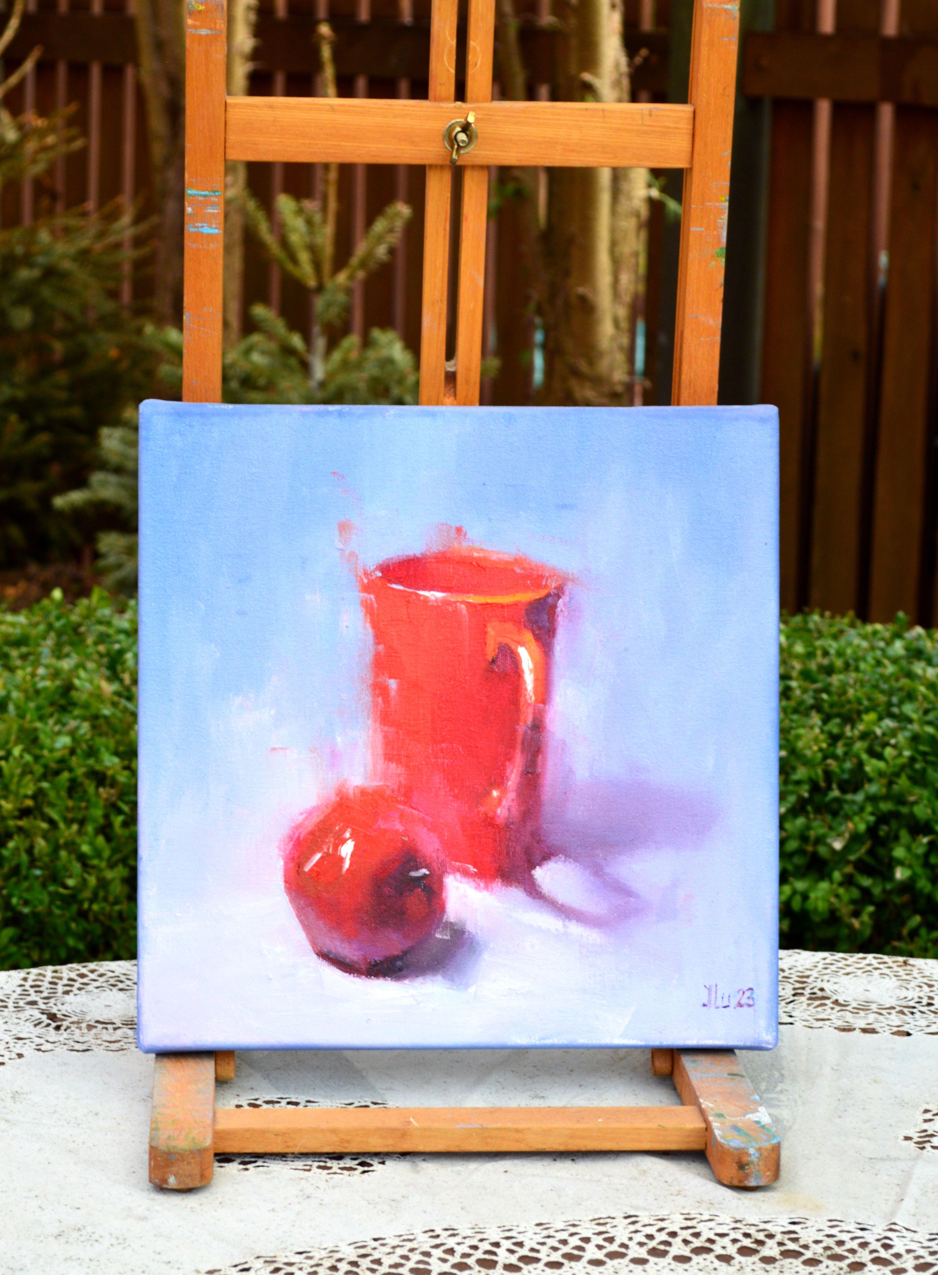 Rot & Rot 30X30 Ölgemälde, Rot – Painting von Elena Lukina
