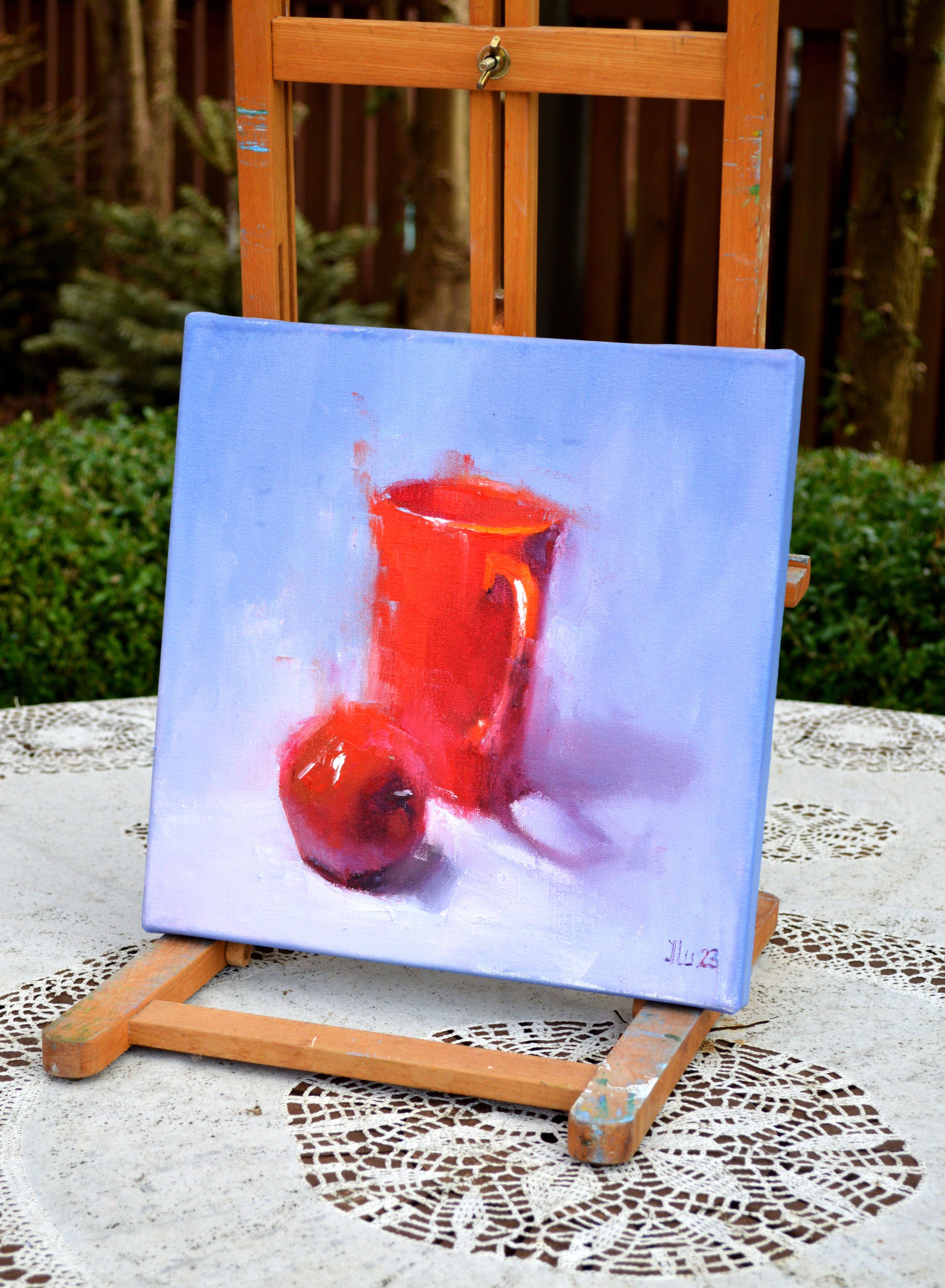 Red & Red 30X30 oil painting - Blue Interior Painting by Elena Lukina