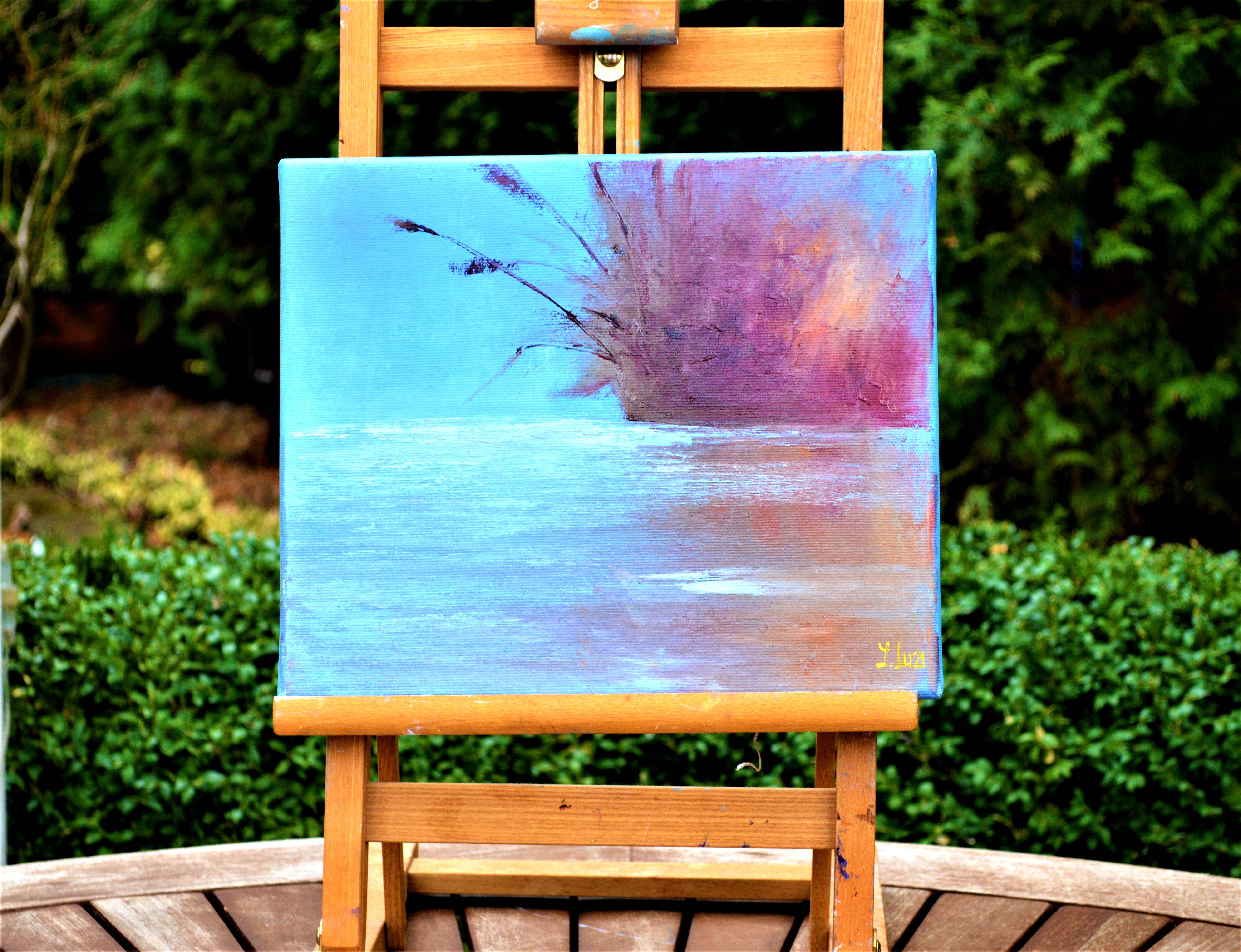 In this painting, I explored the serene interplay of nature's elements with a tranquil pond as the focal point, where the fluid brush strokes and minimalist approach produce an ethereal yet grounding effect. The dark reeds against the light