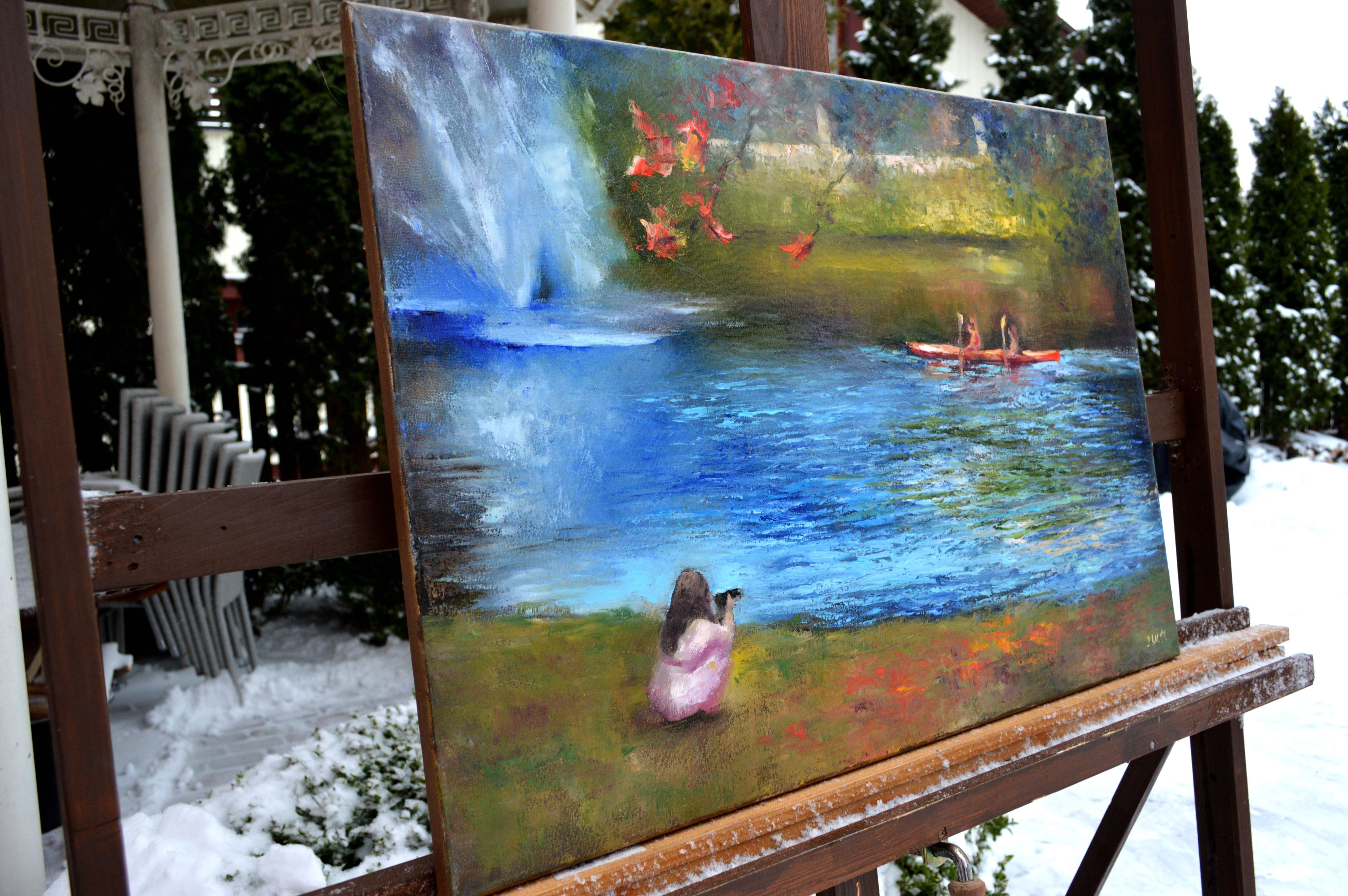River fountain in a city park - Painting by Elena Lukina