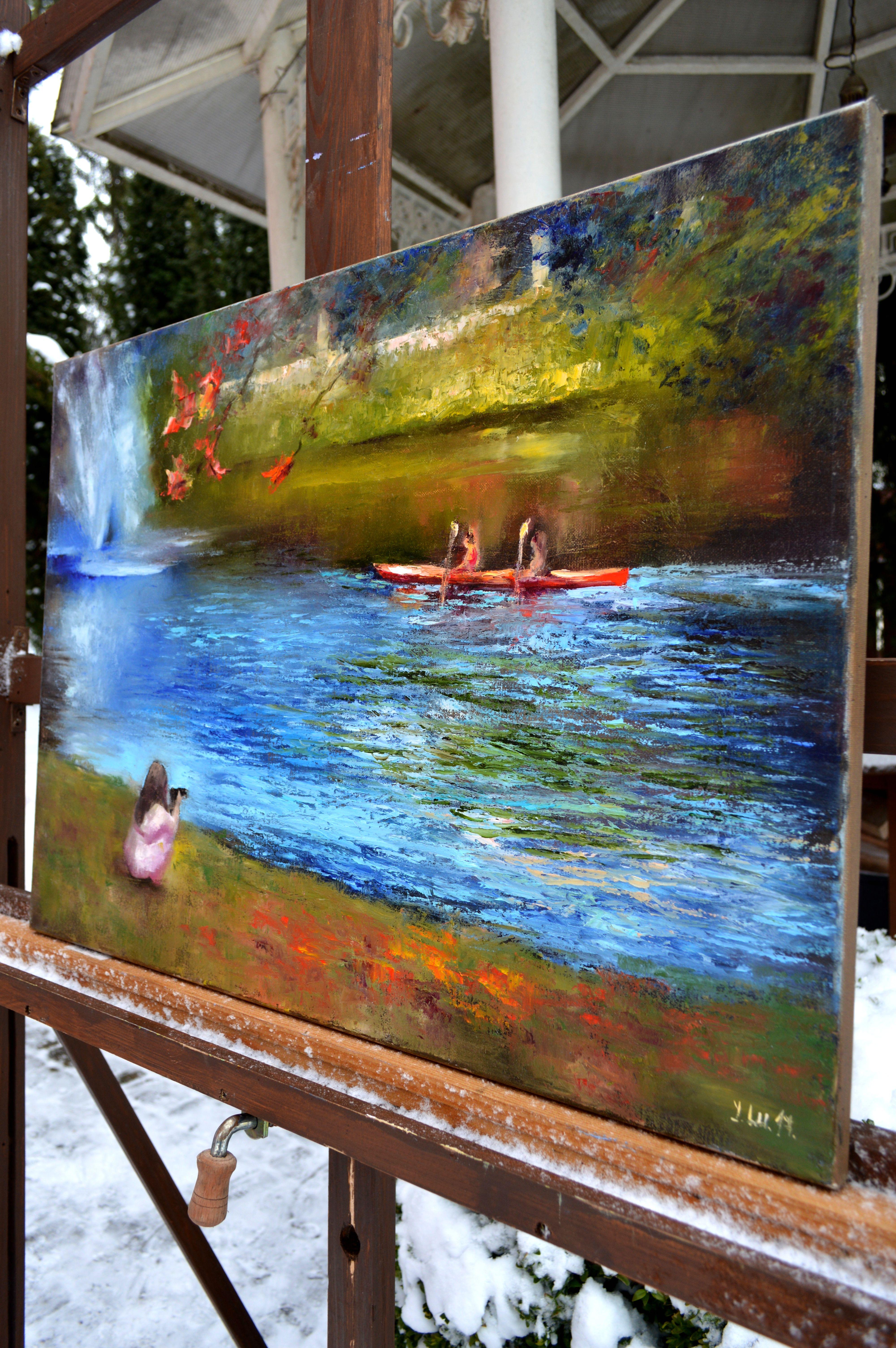 Fontaine dans un parc urbain - Expressionniste Painting par Elena Lukina