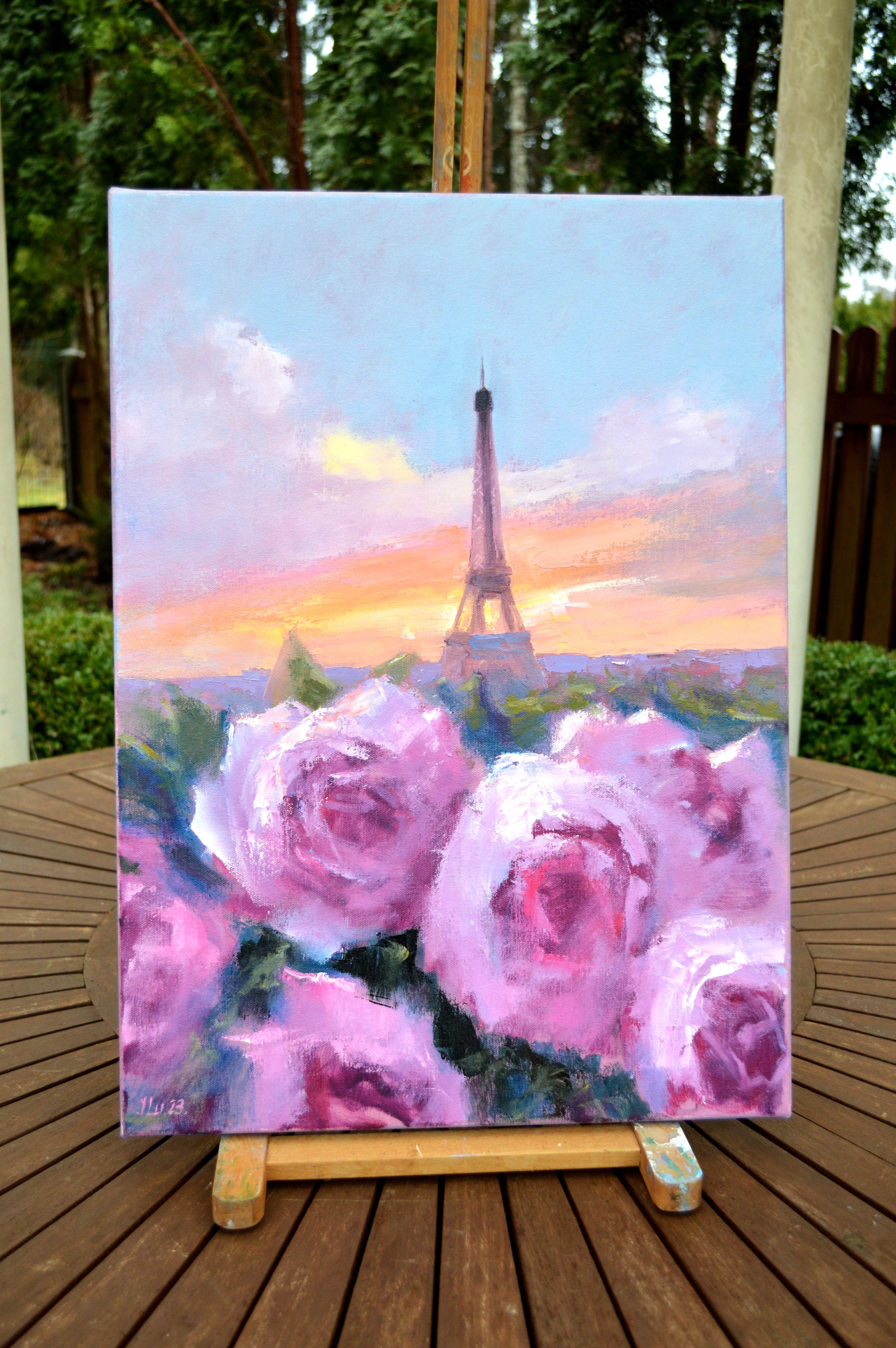 In diesem Ölgemälde habe ich die Essenz von Liebe und Schönheit eingefangen, inspiriert von der bezaubernden Stadt Paris. Die lebhaften, weichen Pinselstriche der blühenden Rosen im Vordergrund stehen der ikonischen Silhouette des Eiffelturms bei