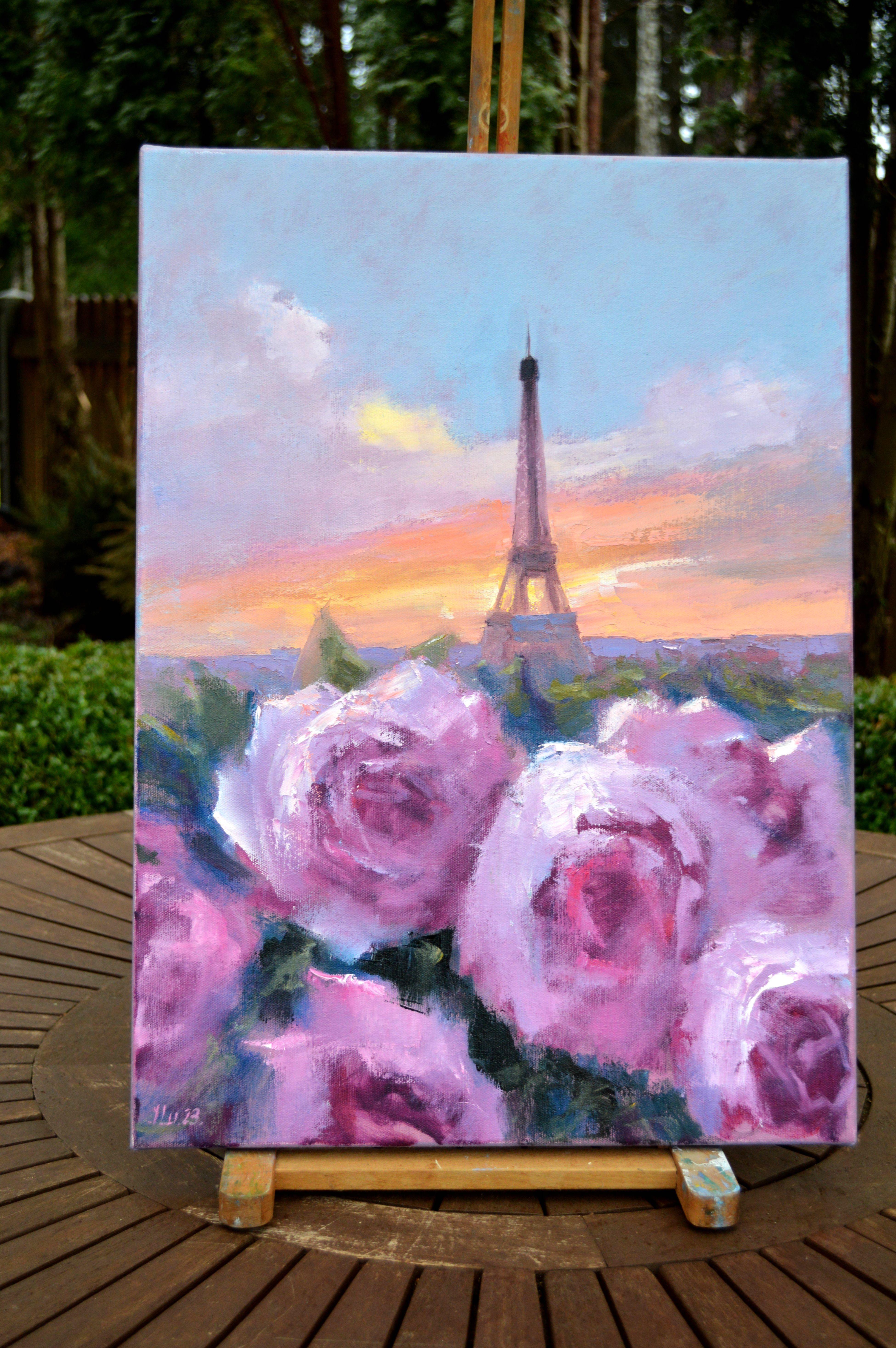 Romance in Paris 55X40 oil on canvas,  PARIS - CITY OF LOVERS - Painting by Elena Lukina