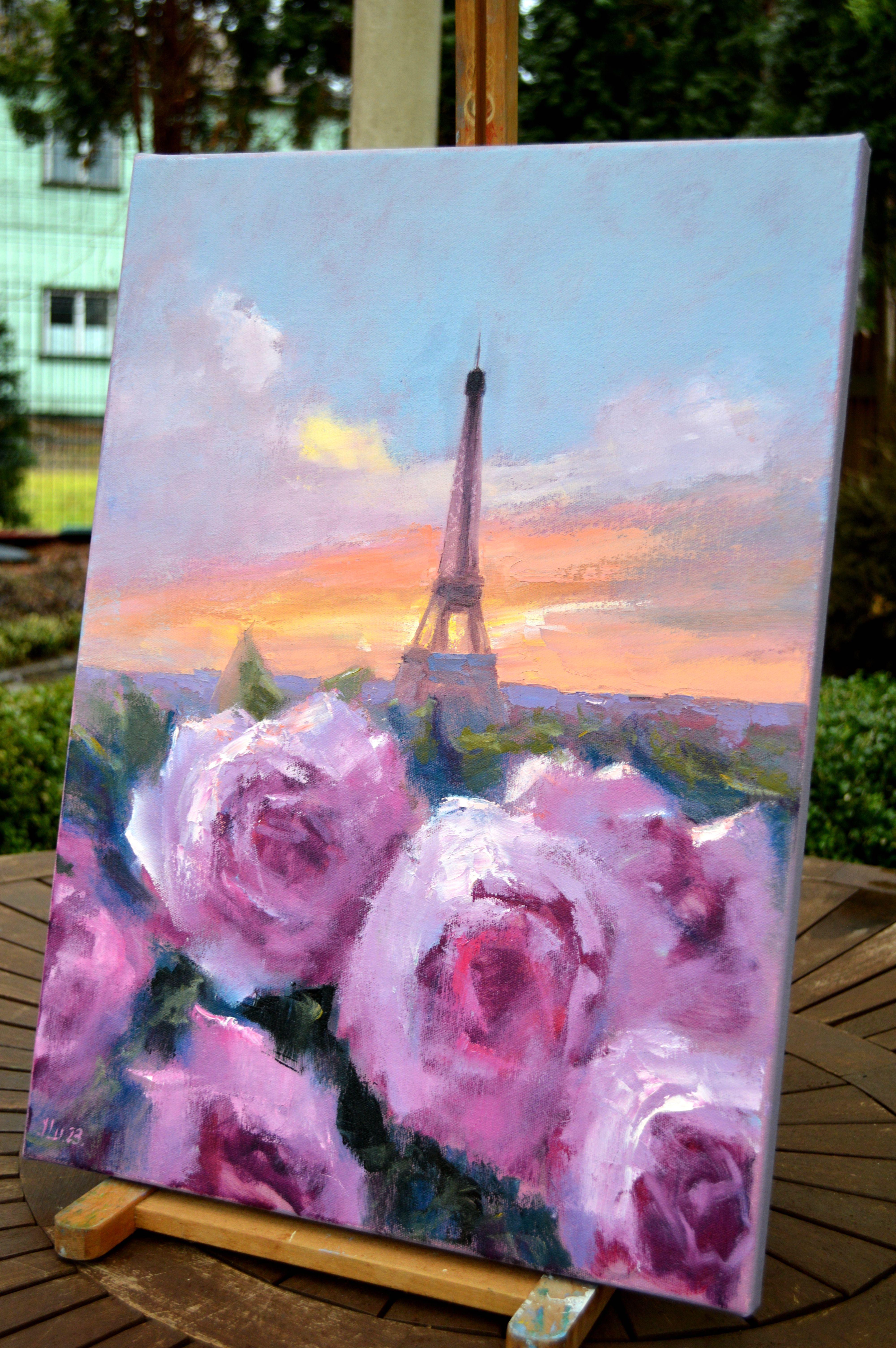 In this oil painting, I've captured the essence of love and beauty inspired by the enchanting city of Paris. The vivid, soft brushstrokes of the blooming roses in the foreground are juxtaposed against the iconic silhouette of the Eiffel Tower at