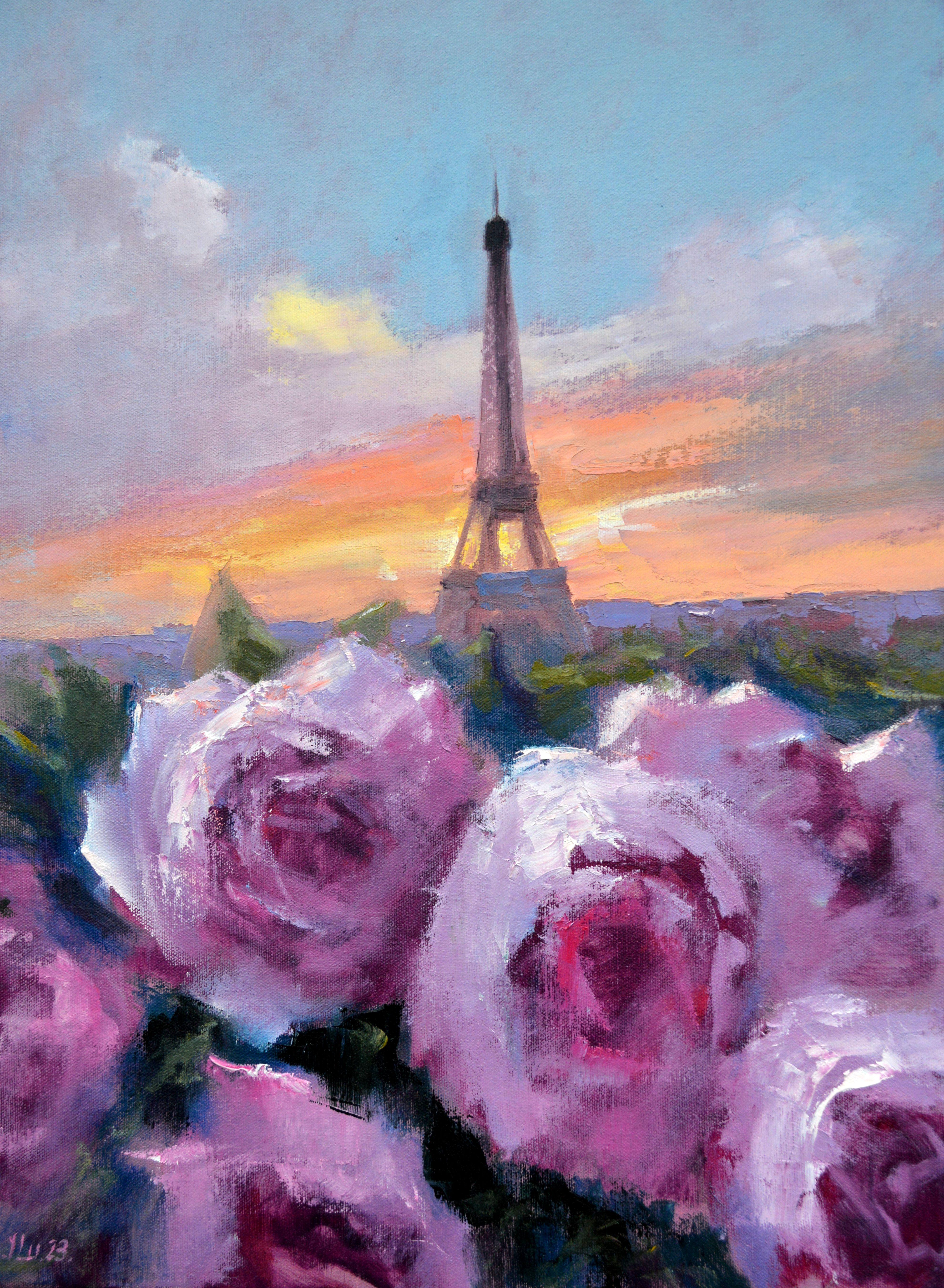Elena Lukina Interior Painting - Romance in Paris 55X40 oil on canvas,  PARIS - CITY OF LOVERS