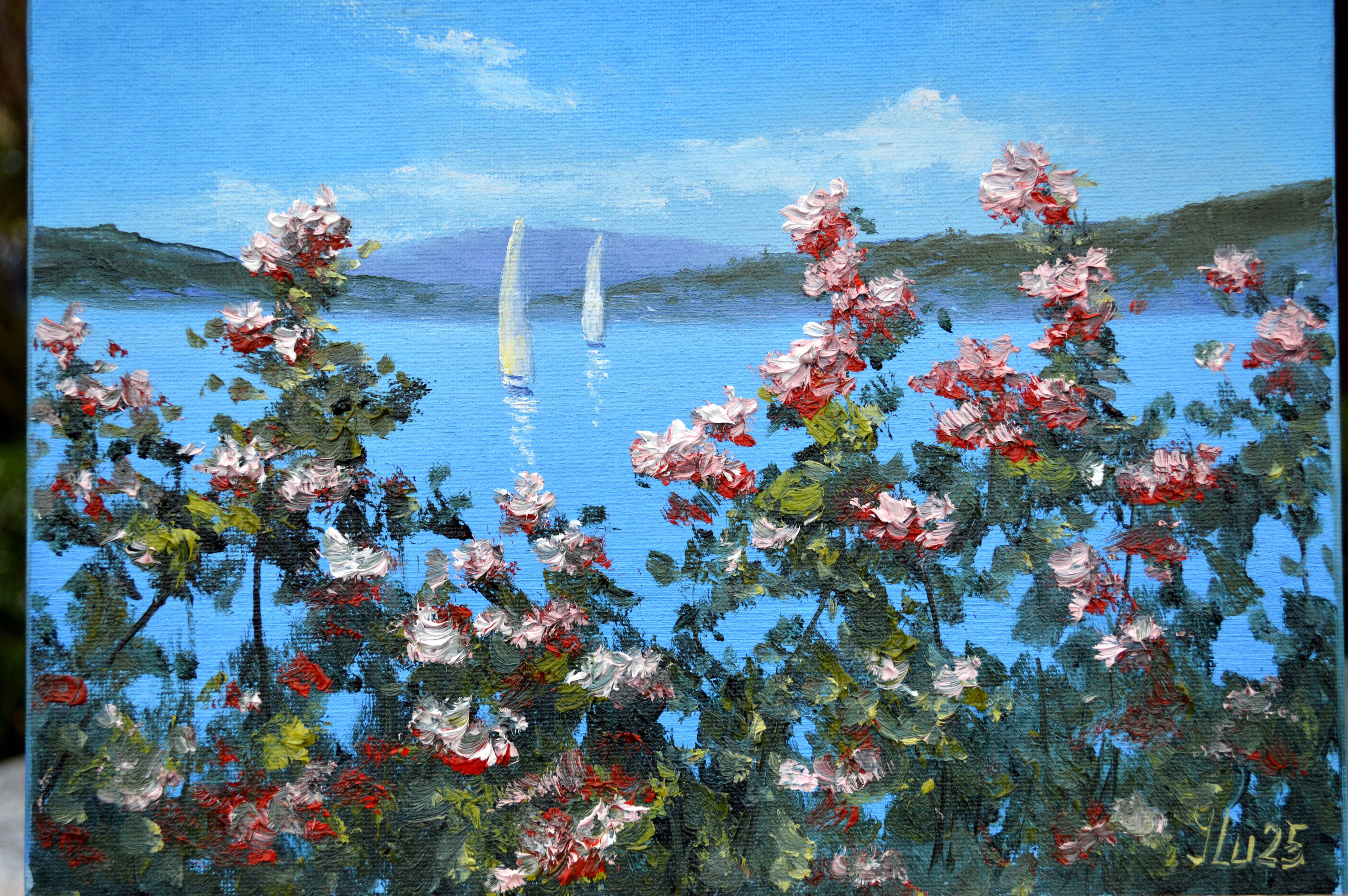 Nel creare questo pezzo, ho cercato di incarnare la tranquilla bellezza della natura, fondendo la serenità del mare con la vivacità dei fiori in fiore. Utilizzando i tratti espressivi caratteristici dell'Impressionismo insieme alla maestria