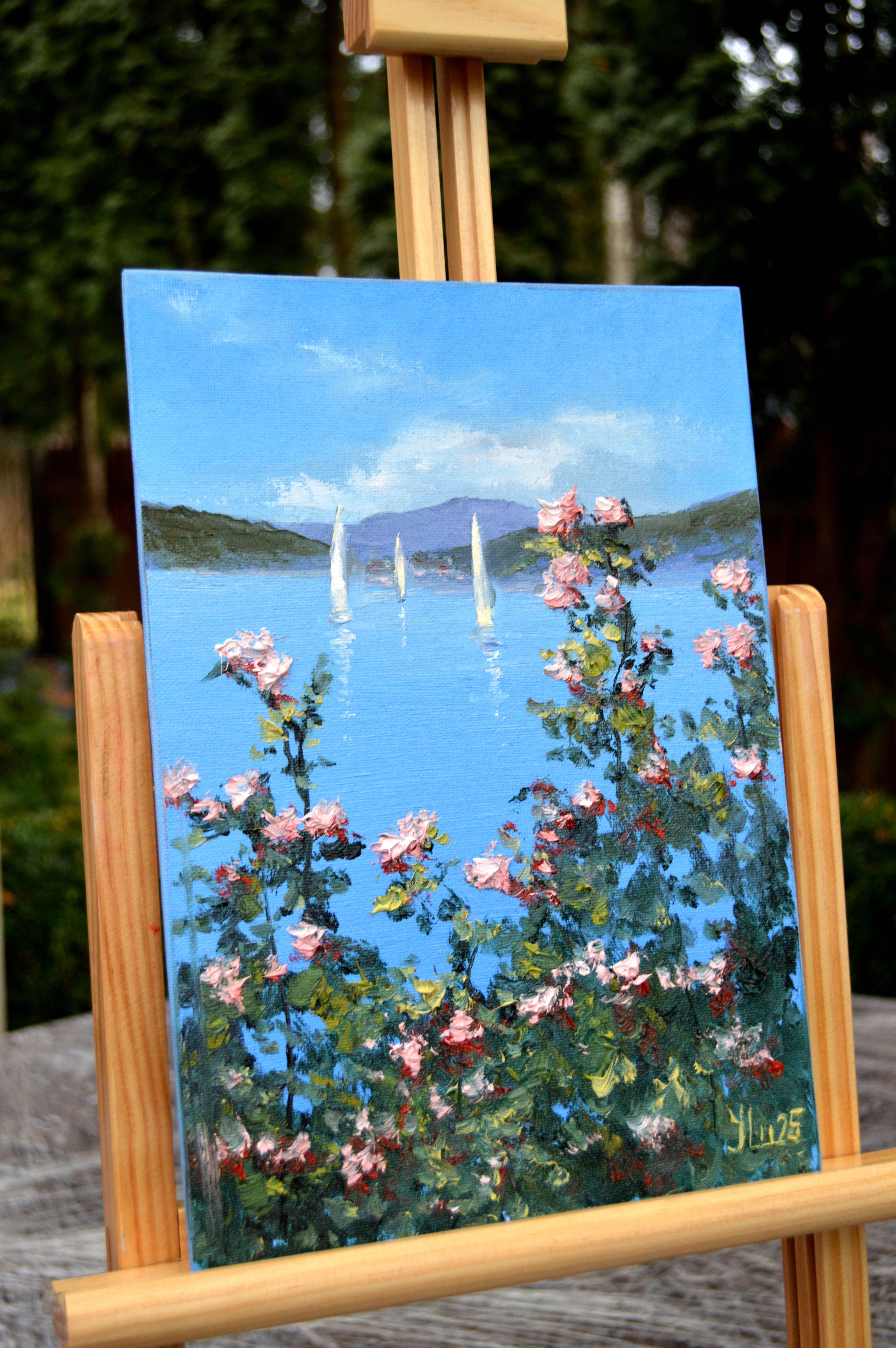 Romance of the sea 30X21 - Blue Landscape Painting by Elena Lukina