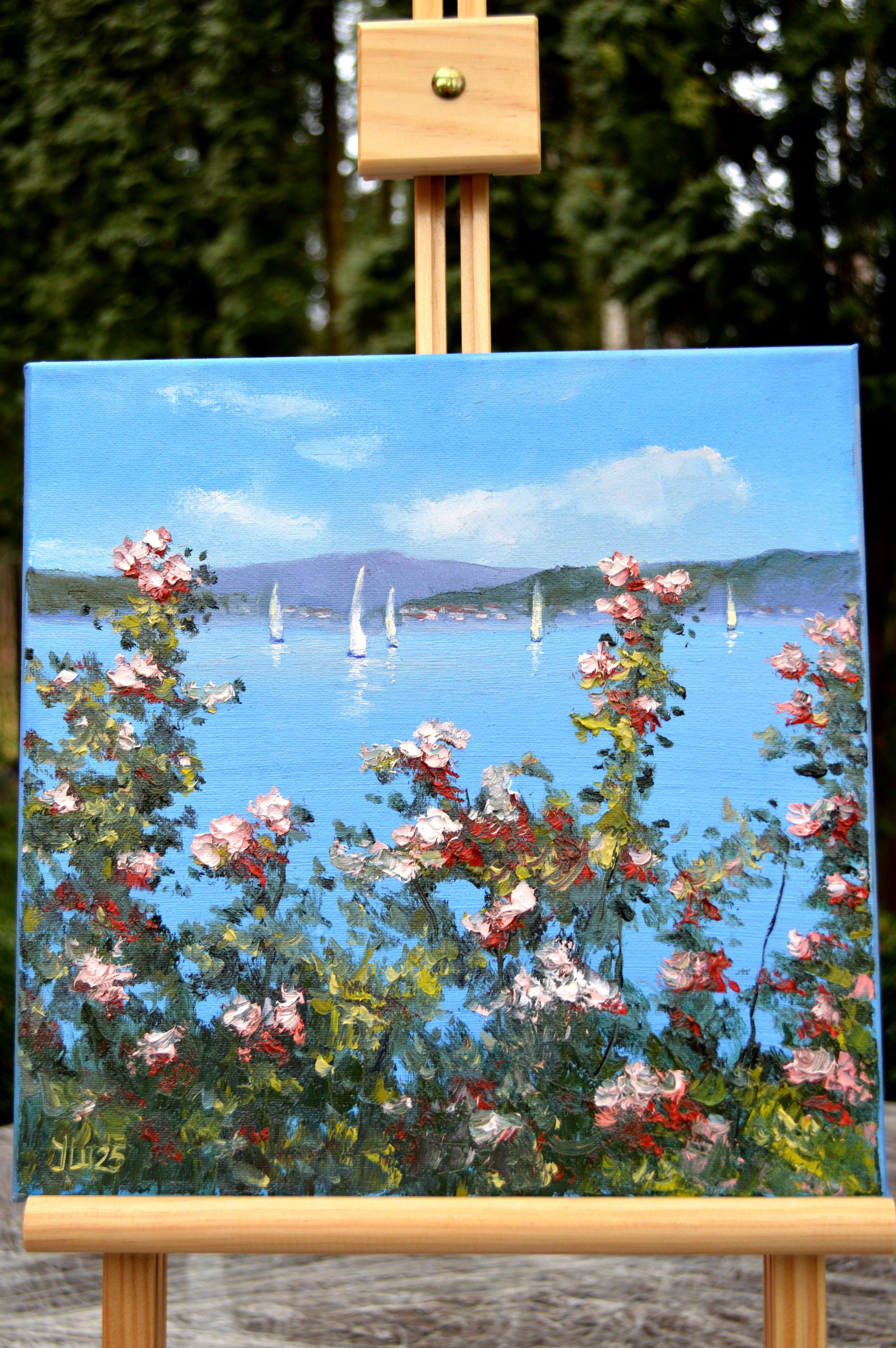 Dieses Werk spiegelt die romantische Stimmung wider, die wir im Urlaub haben.
Schöne Rosen im Garten am Ufer der Südsee.
Weiße Segel und blauer Himmel, all das gleicht einem Paradiesgarten.
Bei der Schaffung dieses Werks habe ich mich bemüht, die