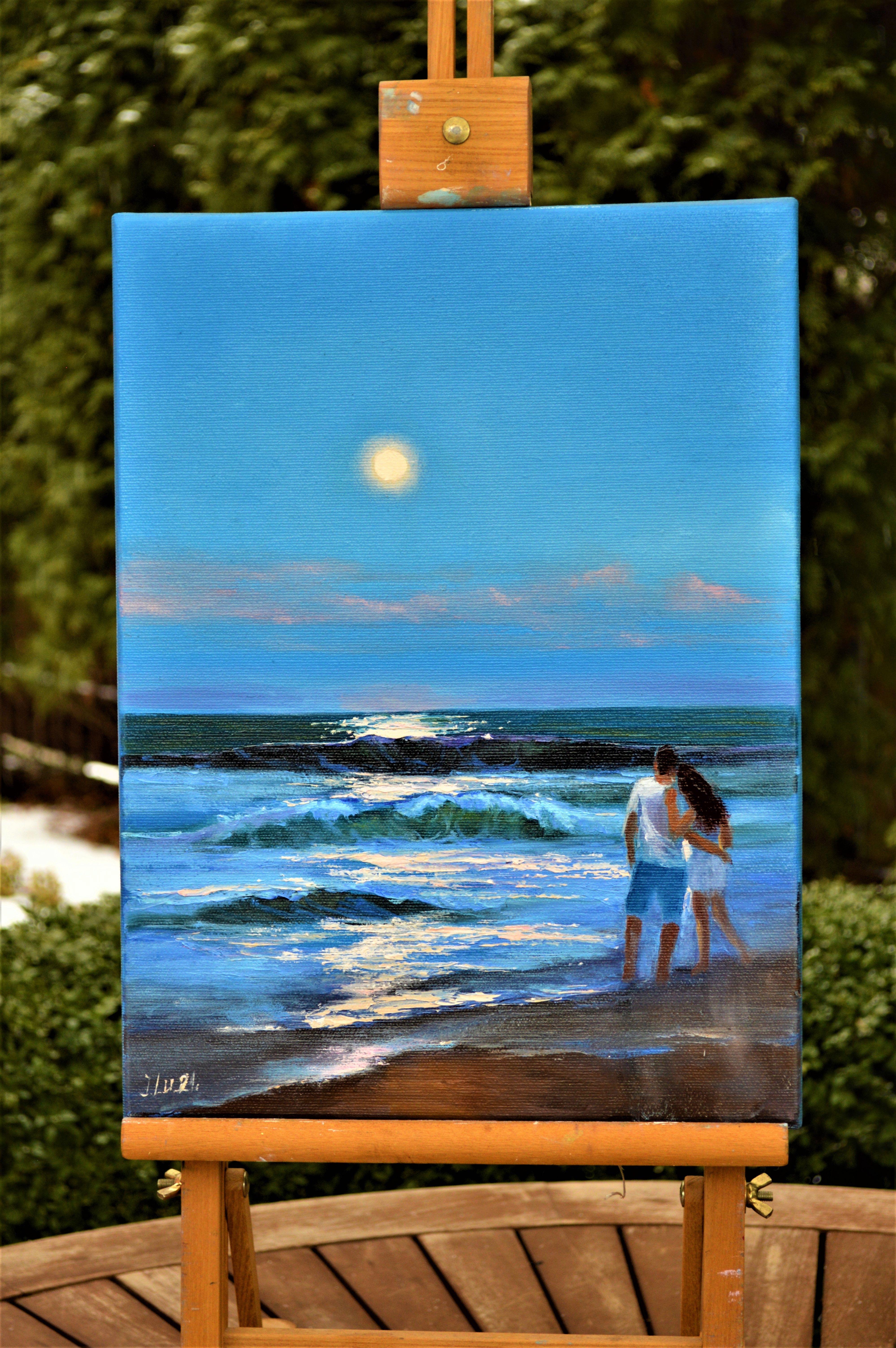 In this oil painting, I've immersed myself in the raw emotion of human connection against nature's canvas. I've melded expressionism with a touch of realism to capture an intimate moment between two figures on the shoreline, enveloped by the serene