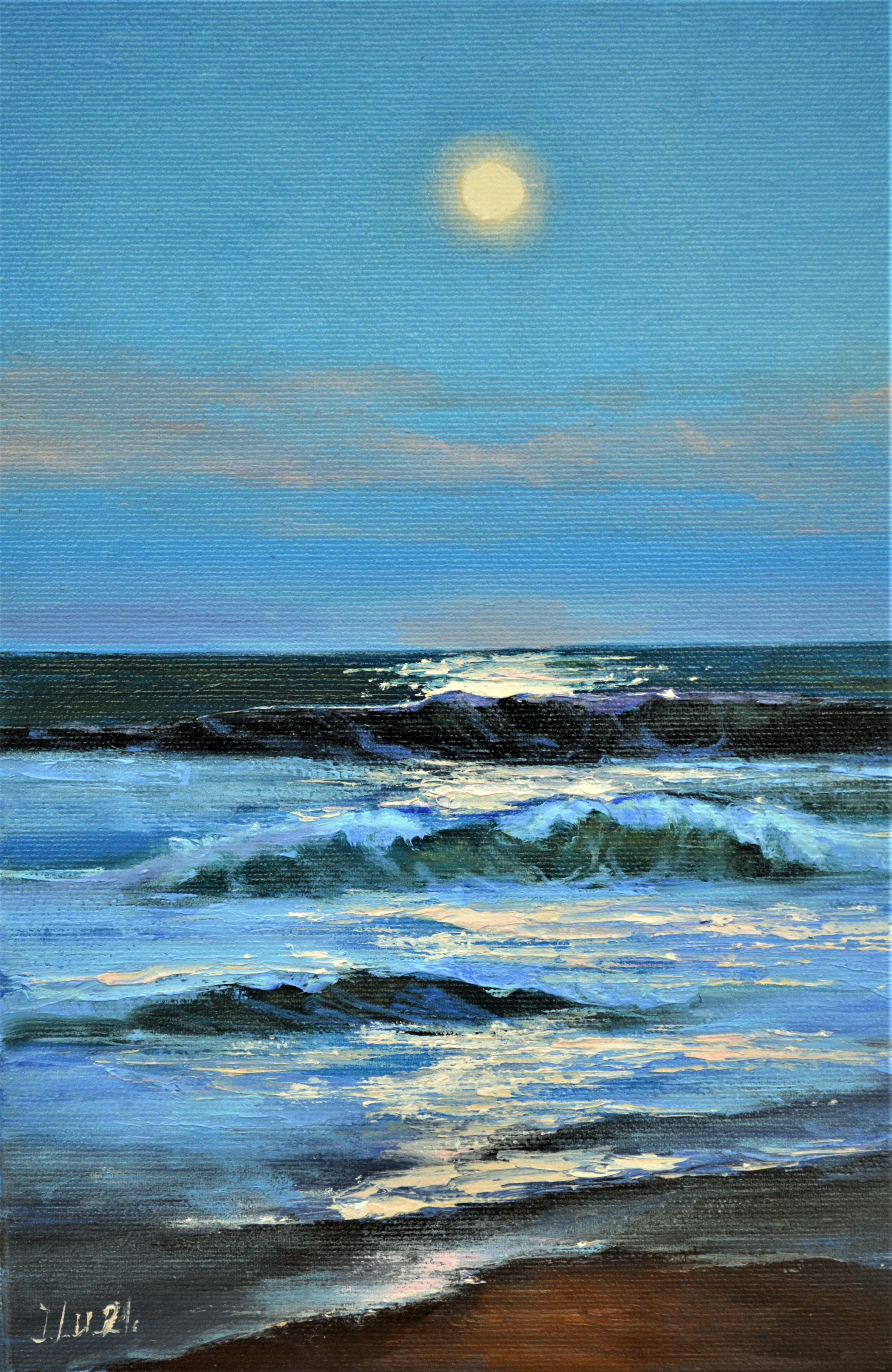 Bleus romantiques 40X30 huile en vente 5
