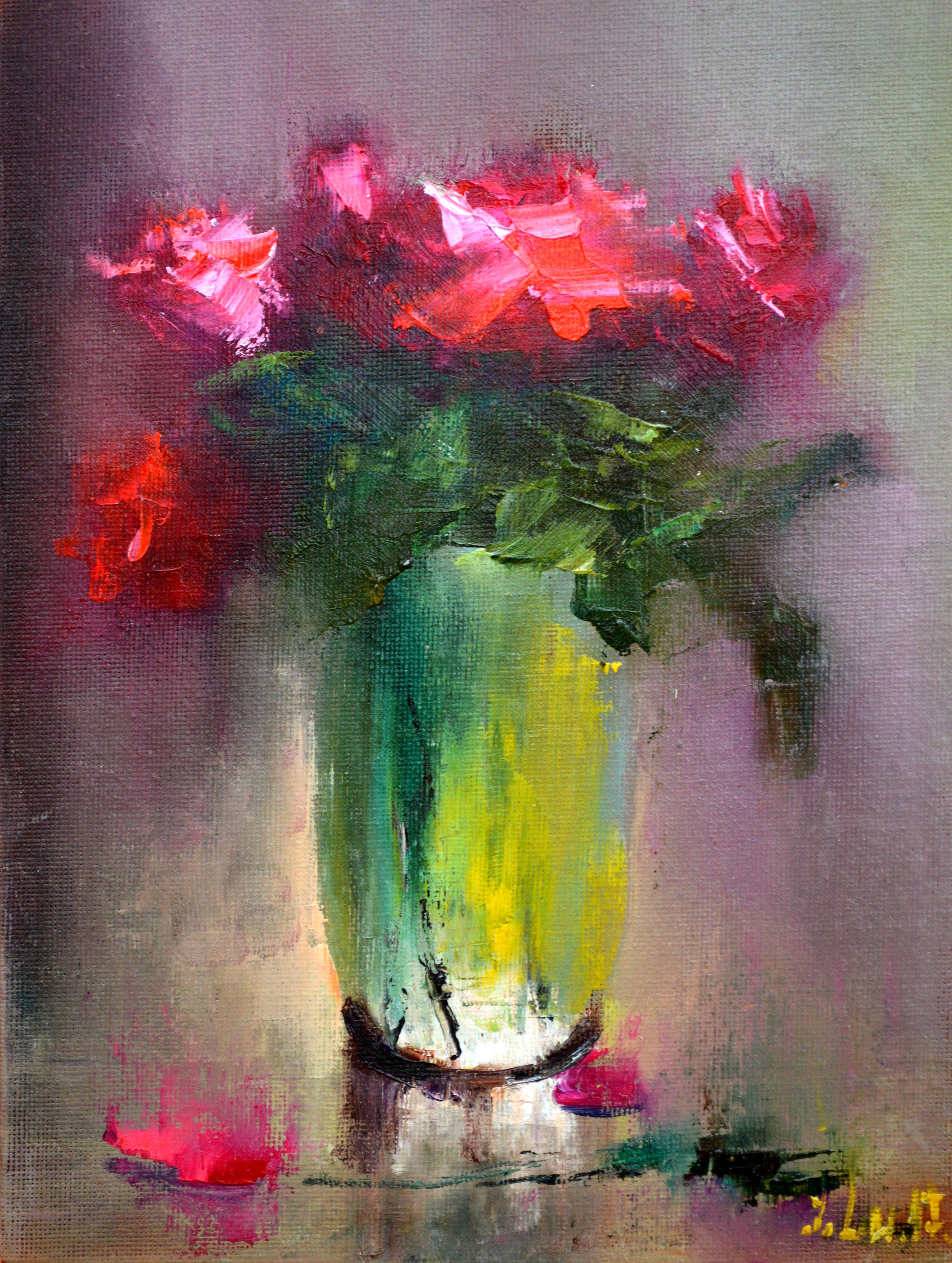 Still-Life Painting Elena Lukina - Roses 24X18 huile sur toile.cadeaux de St Valentin art. 