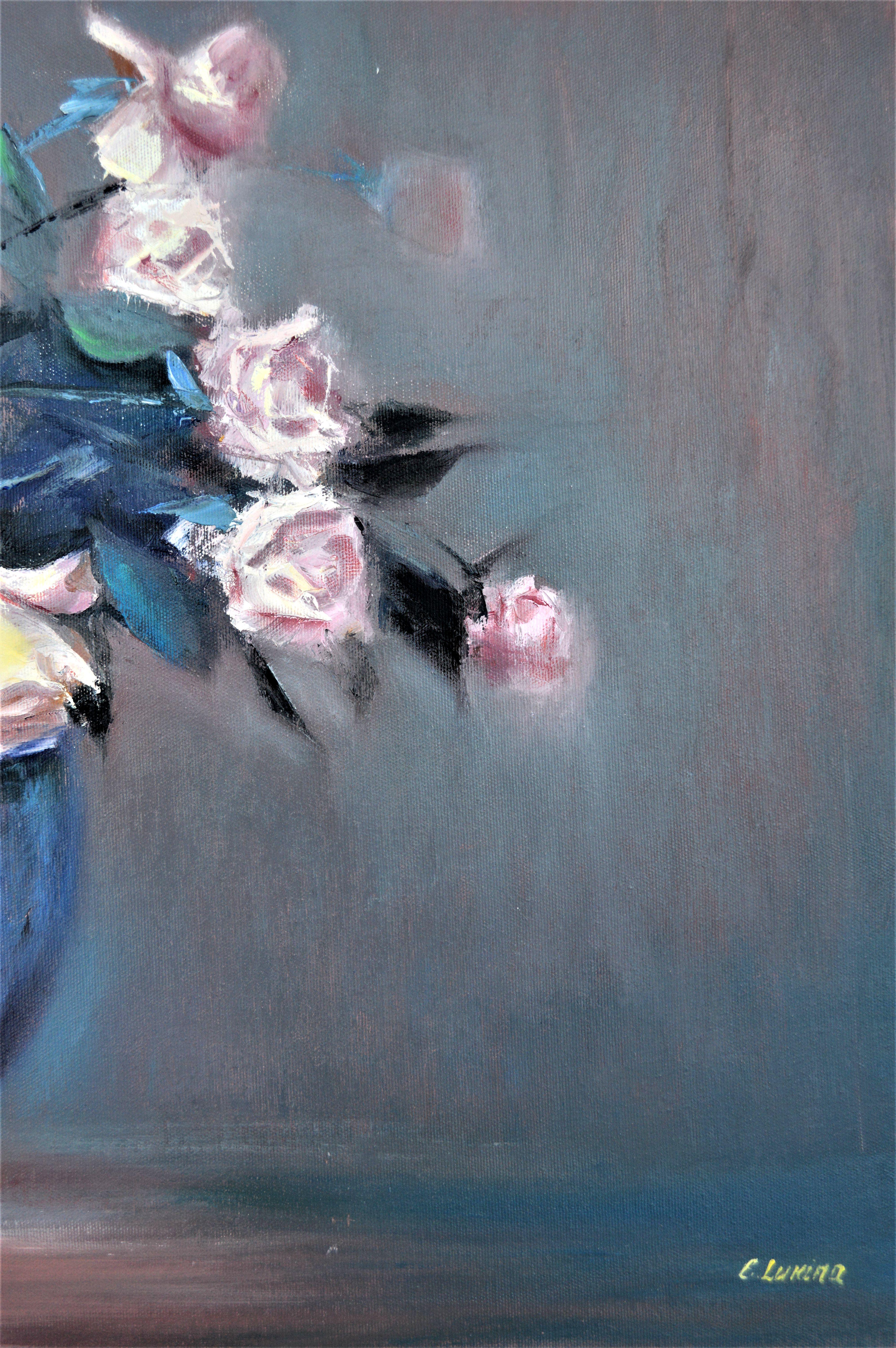 Roses dans un vase bleu 50X70 peinture à l'huile en vente 8
