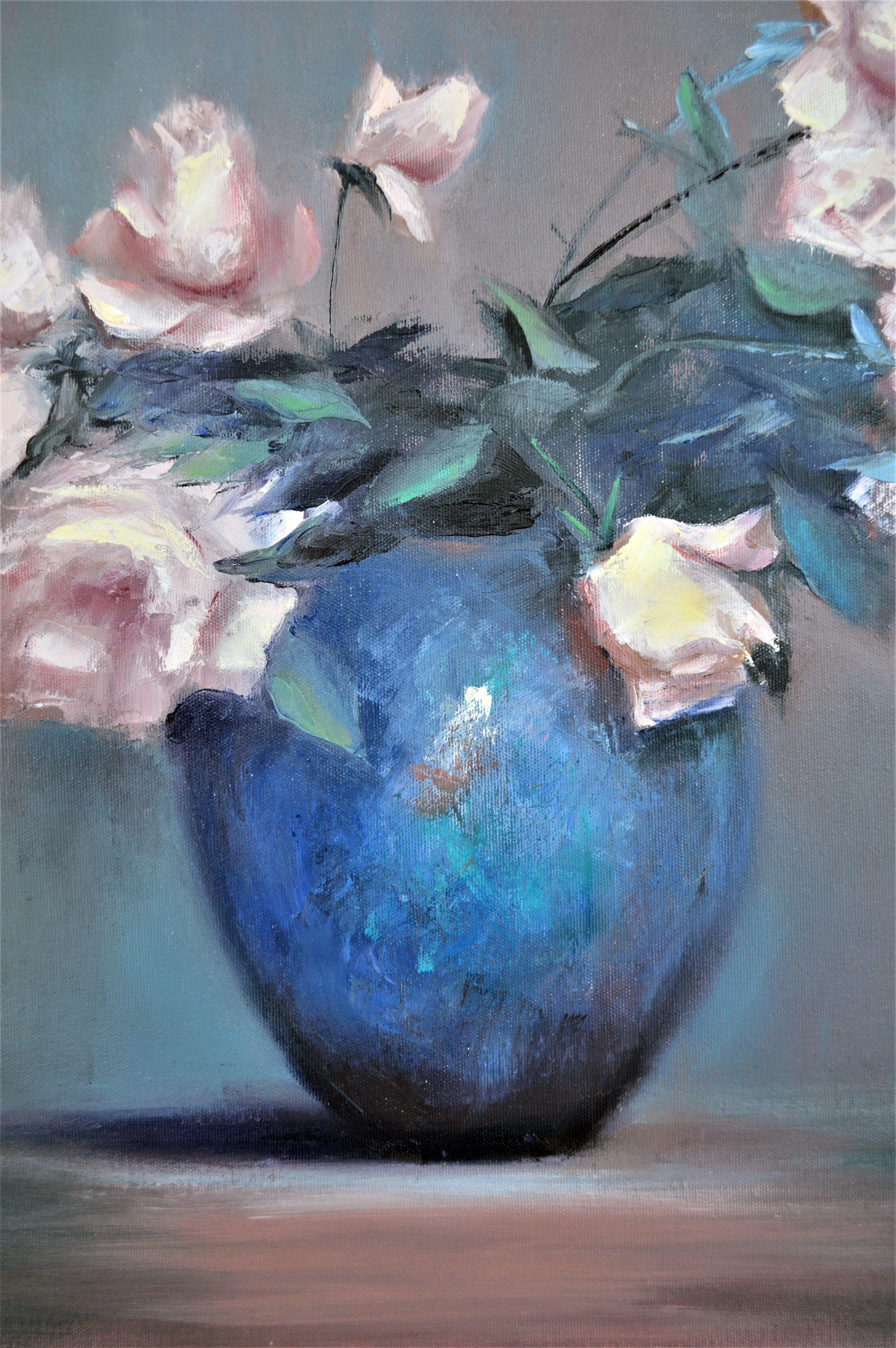 Roses dans un vase bleu 50X70 peinture à l'huile en vente 9