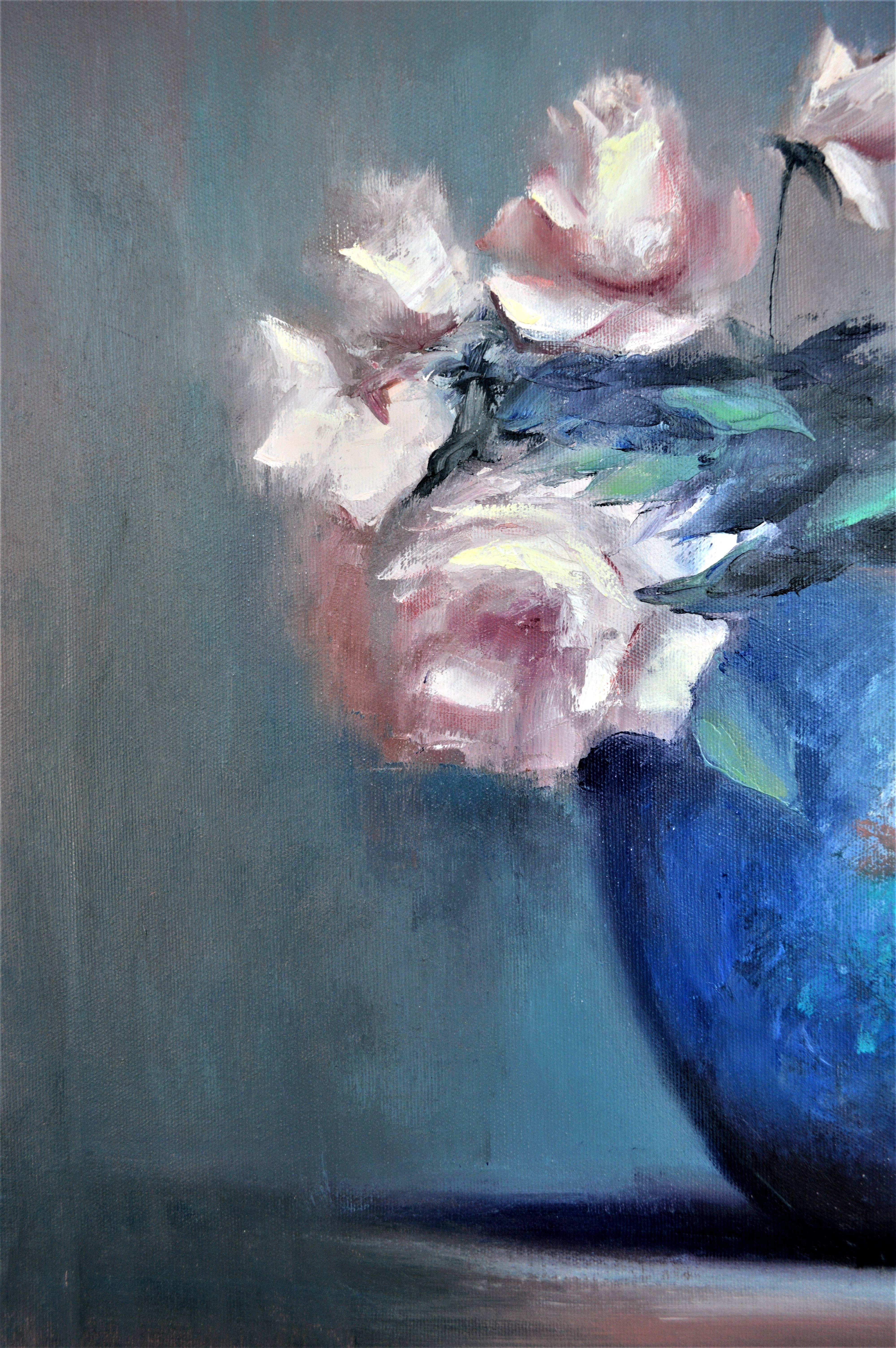 Roses dans un vase bleu 50X70 peinture à l'huile en vente 10
