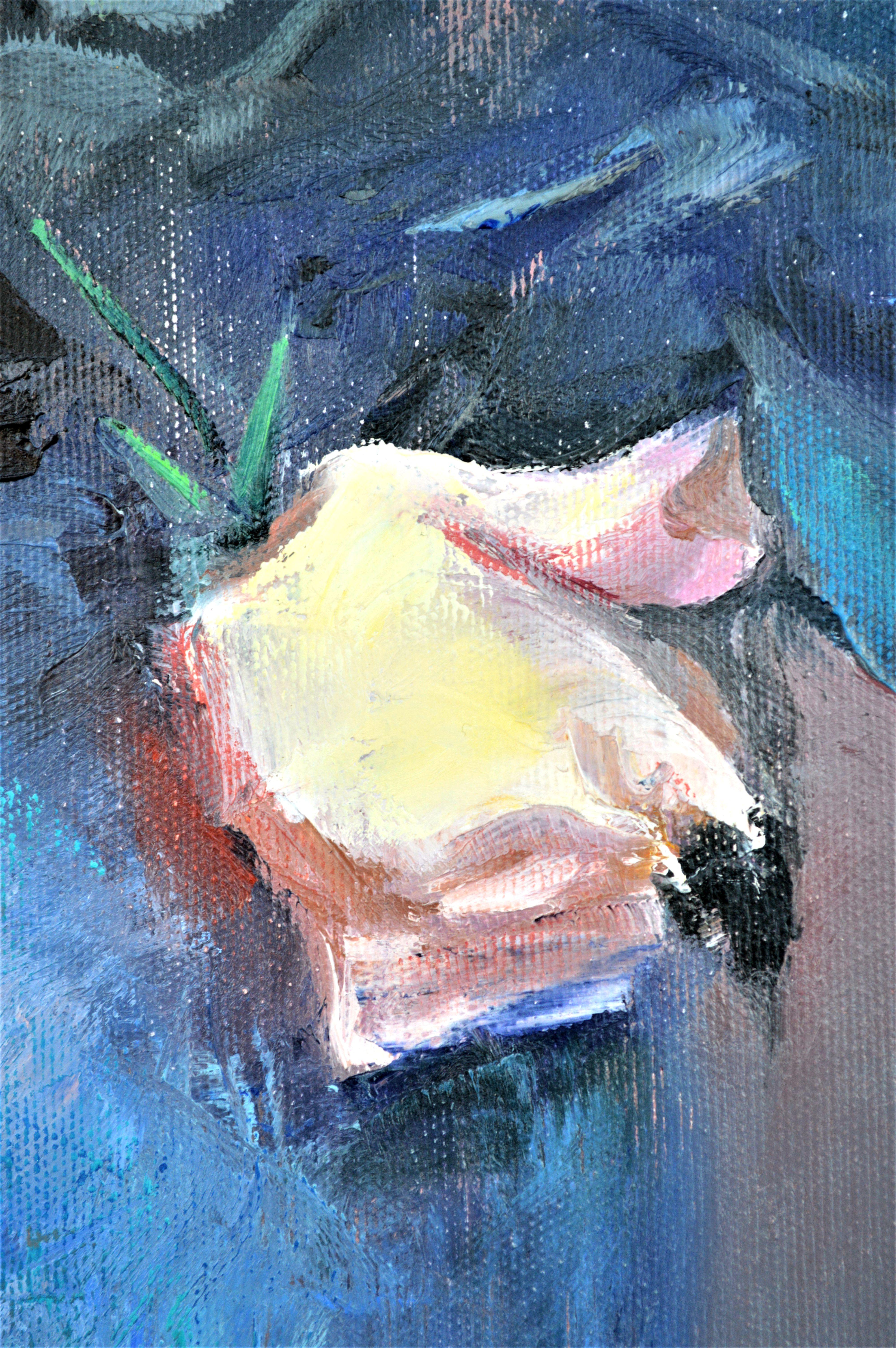 Roses dans un vase bleu 50X70 peinture à l'huile en vente 13