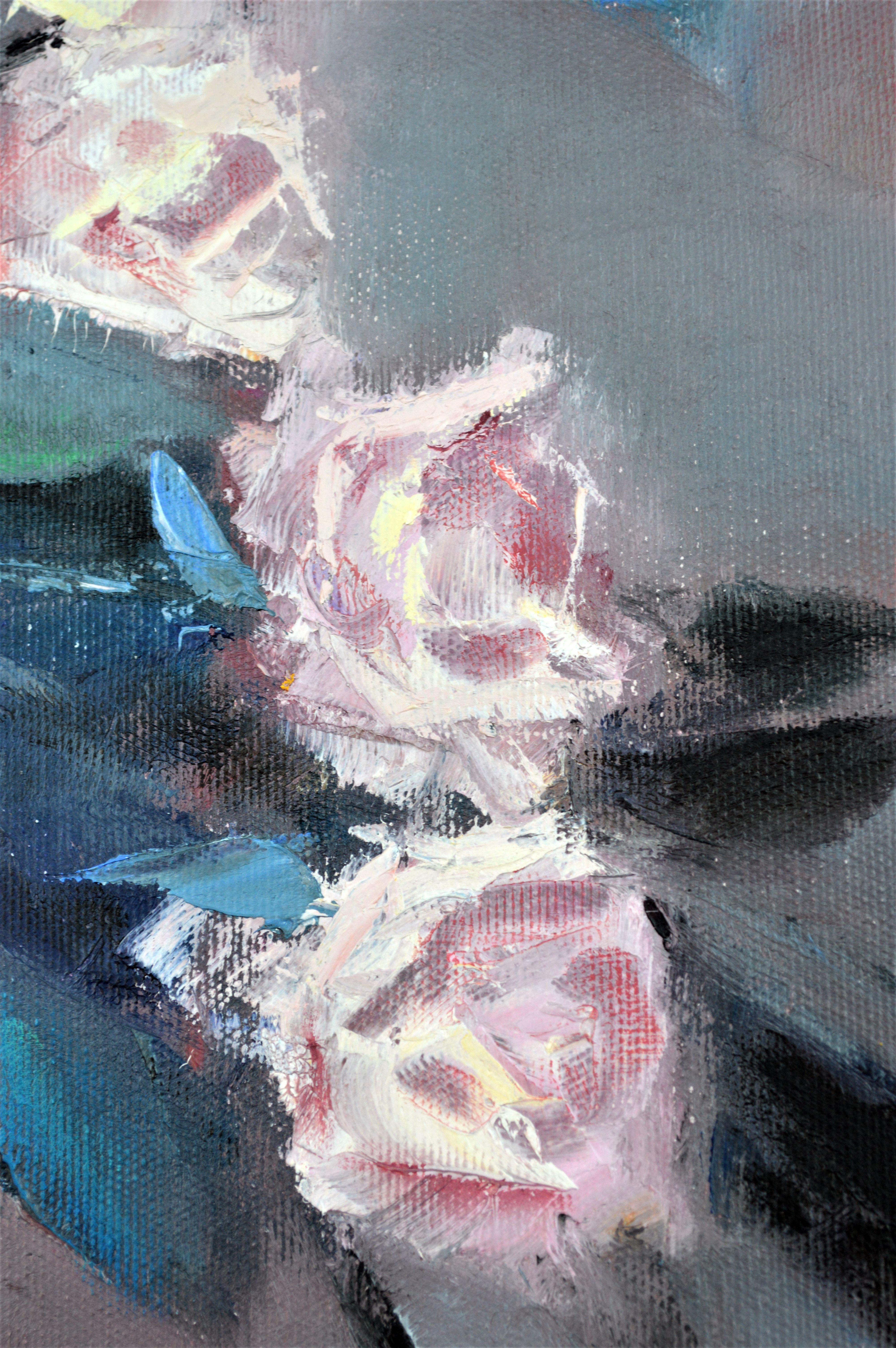 Roses dans un vase bleu 50X70 peinture à l'huile en vente 14