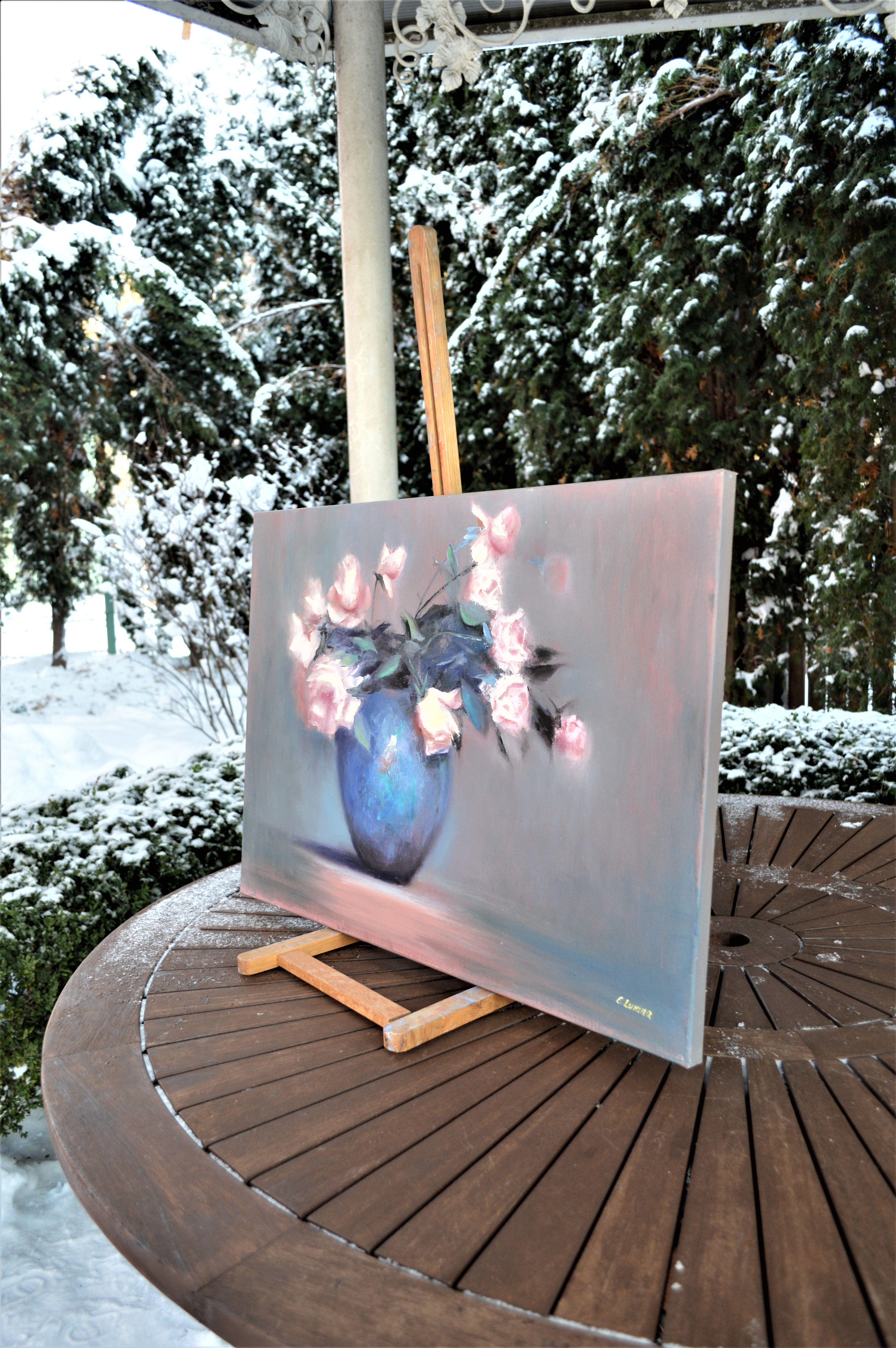 Roses in a blue vase 50X70 oil painting. For Sale 2
