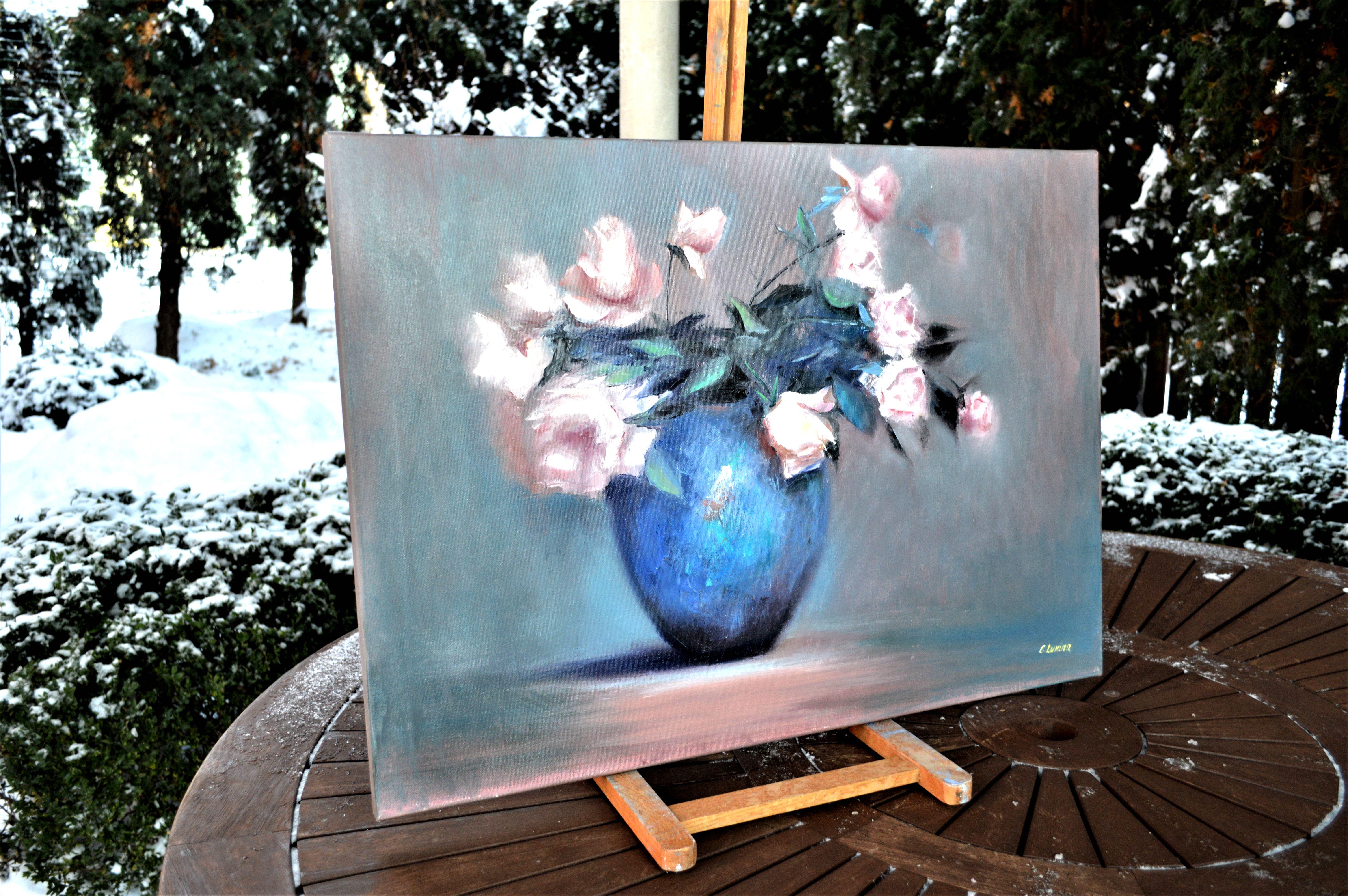 Roses dans un vase bleu 50X70 peinture à l'huile en vente 4