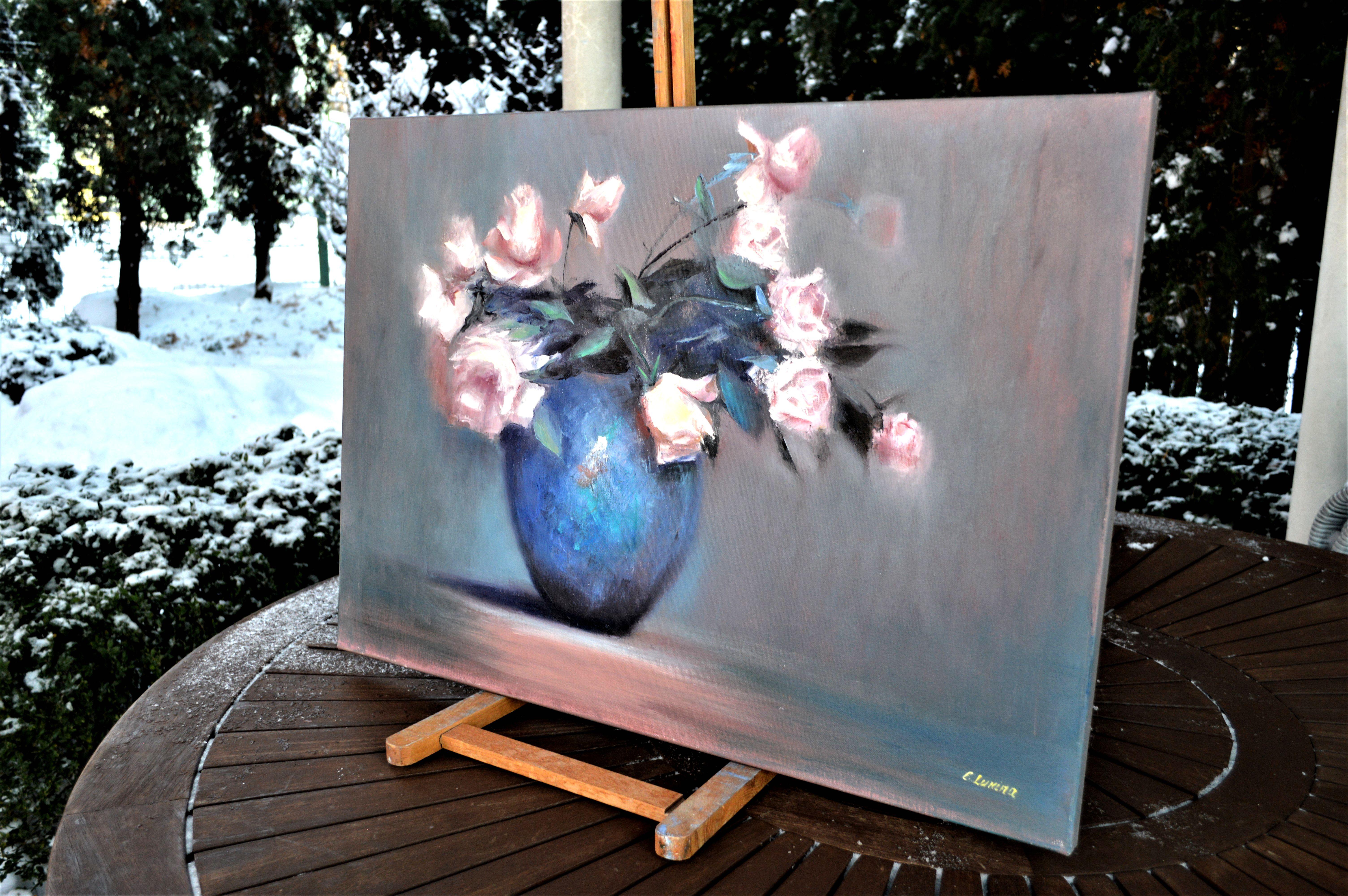 Roses dans un vase bleu 50X70 peinture à l'huile en vente 5