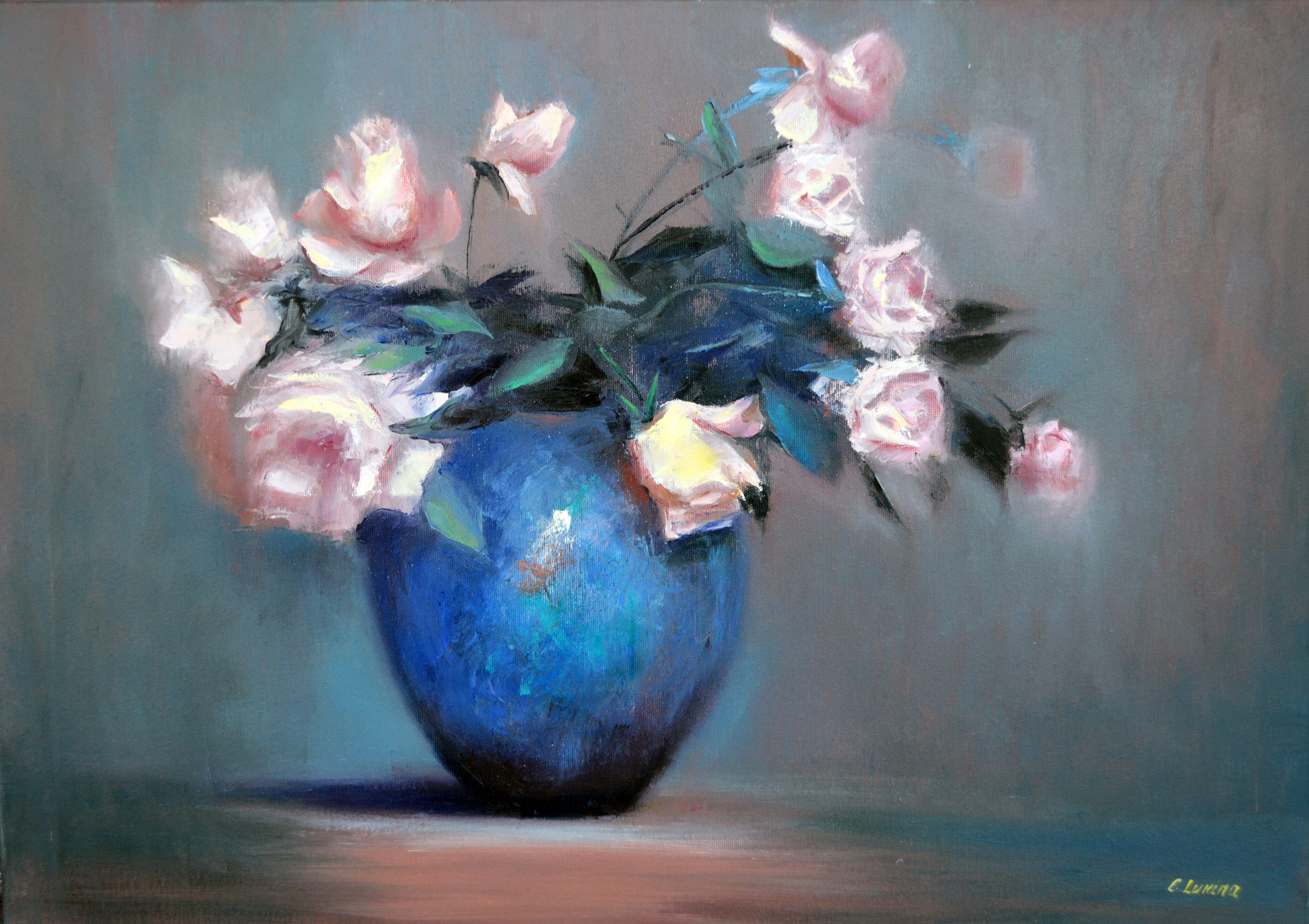 Elena Lukina Still-Life Painting - Roses in a blue vase 50X70 oil painting.