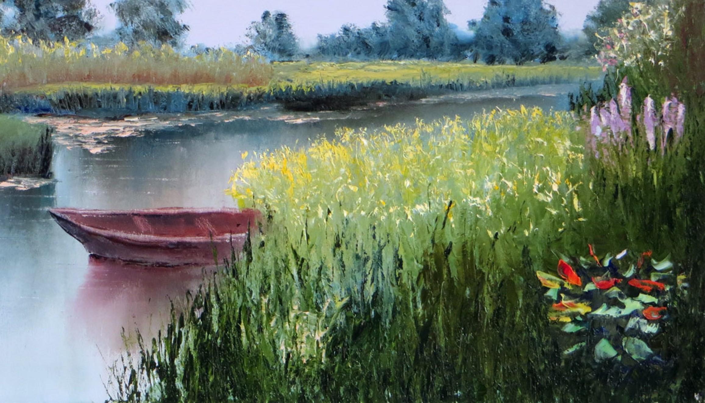 Rural landscape with a boat  - Painting by Elena Lukina