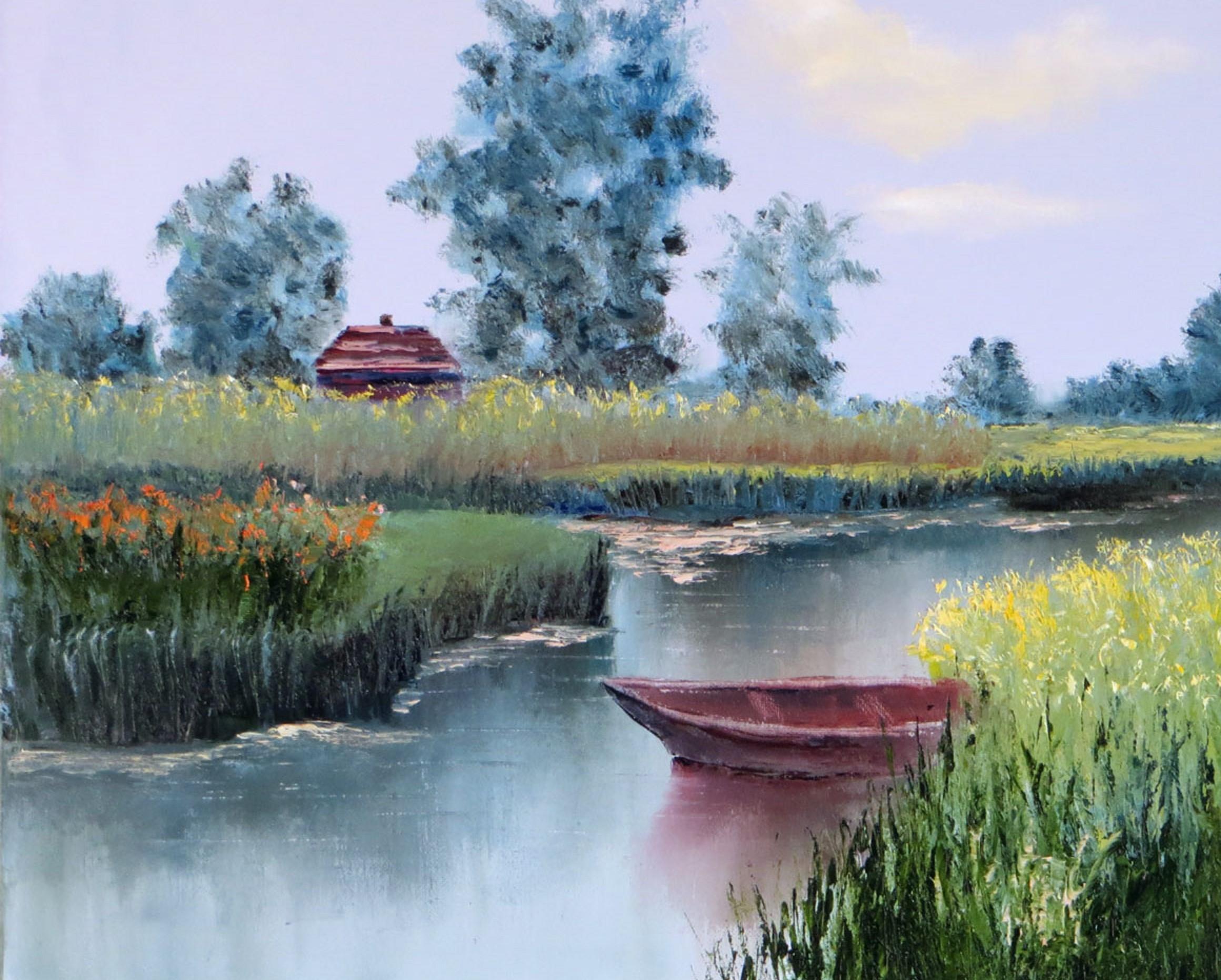 Paysage rural avec un bateau  - Expressionniste Painting par Elena Lukina
